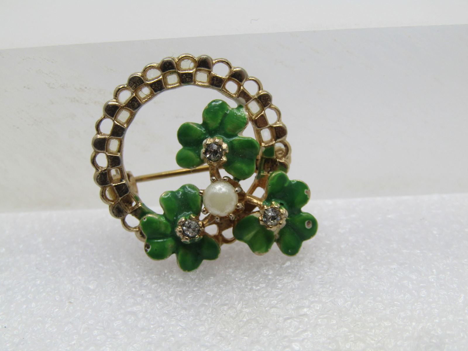 Vintage Enameled Shamrock Clear stone Brooch, 1950's-1960's - 4