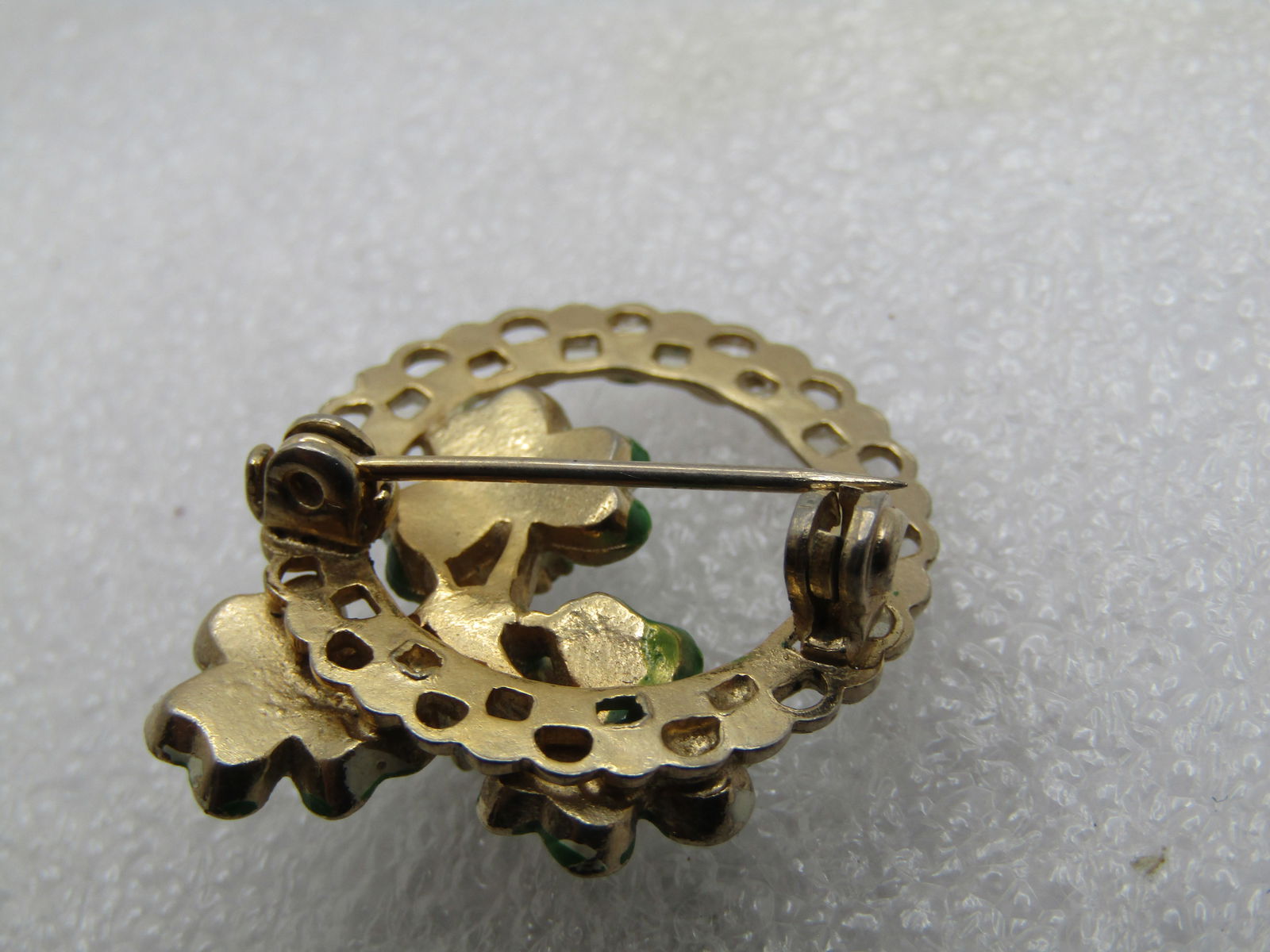 Vintage Enameled Shamrock Clear stone Brooch, 1950's-1960's - 5