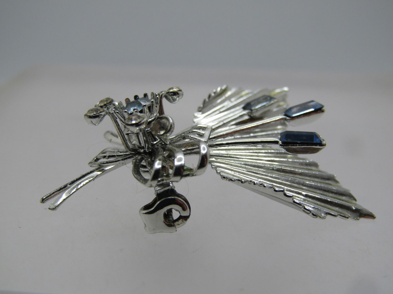 Vintage Blue Rhinestone Floral Brooch, Bow Accent, 1960's - 5