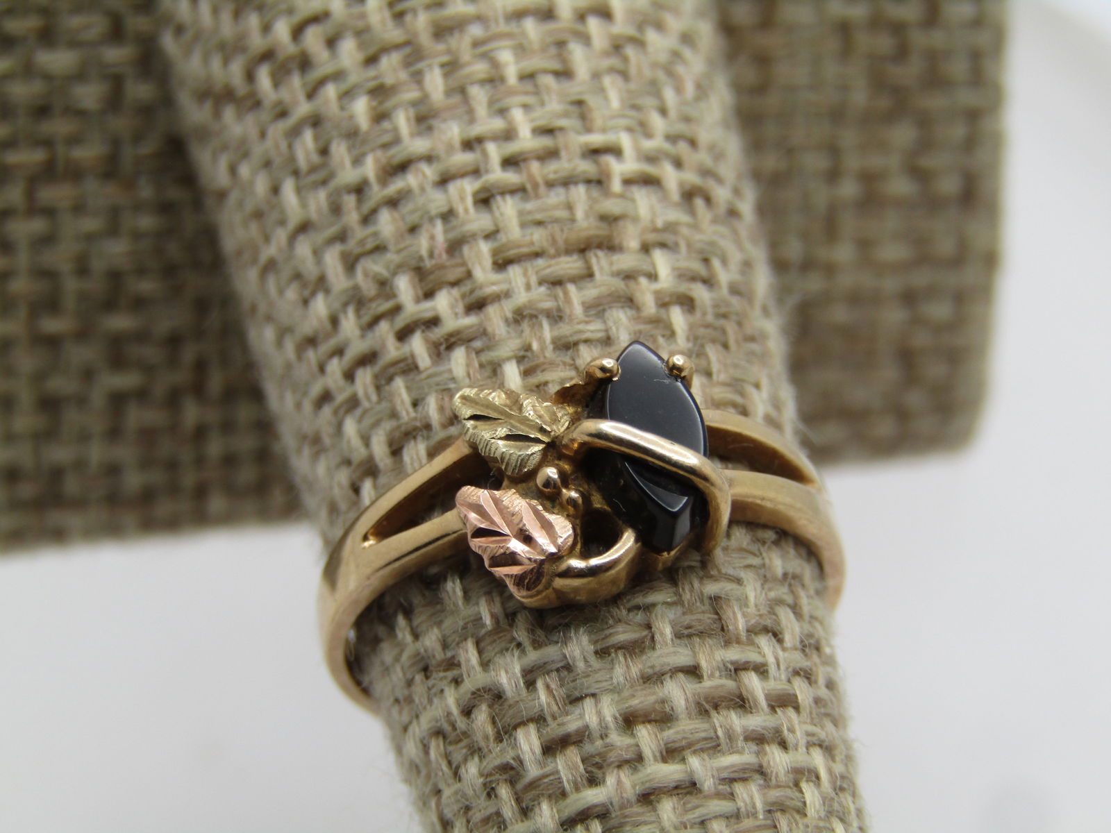 Vintage Black Hills Gold Onyx Ring, Sz. 7, Signed Landstrom, 1980's - 2
