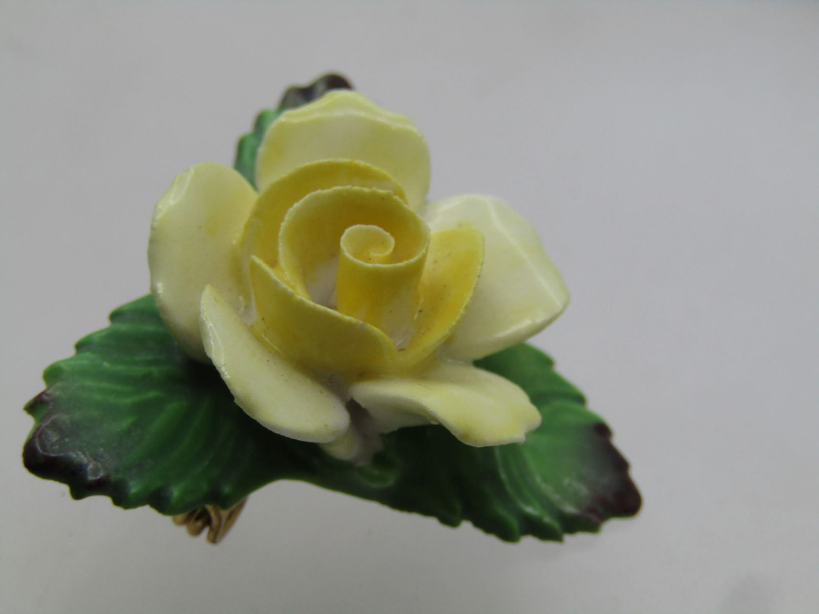 Vintage Painted Yellow Rose Porcelain Brooch, Signed Denton, England, 1960's - 2