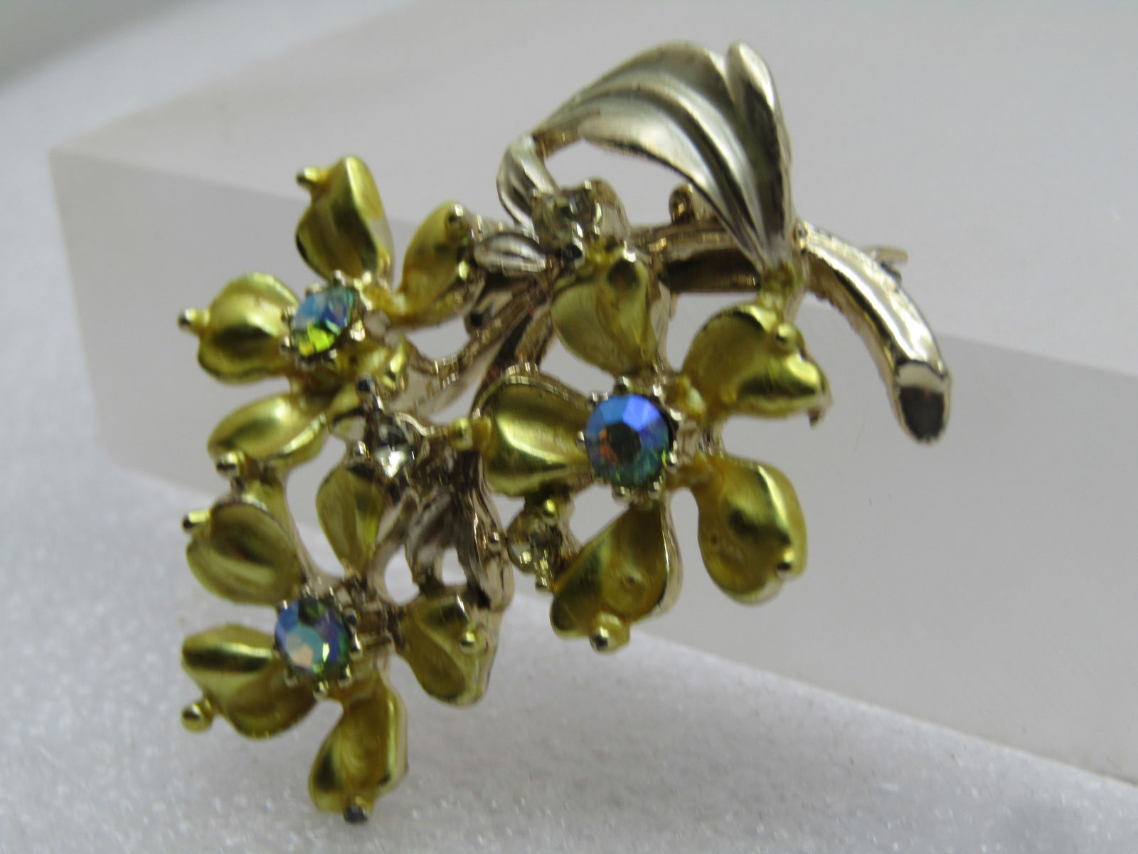 Vintage Yellow Floral & Rhinestone Brooch, A.B, 1960's-1970's - 2