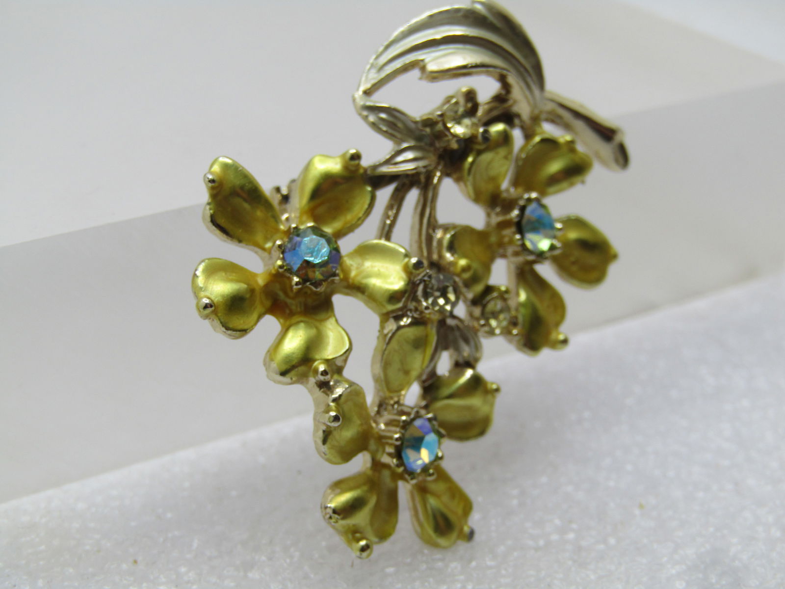 Vintage Yellow Floral & Rhinestone Brooch, A.B, 1960's-1970's - 3
