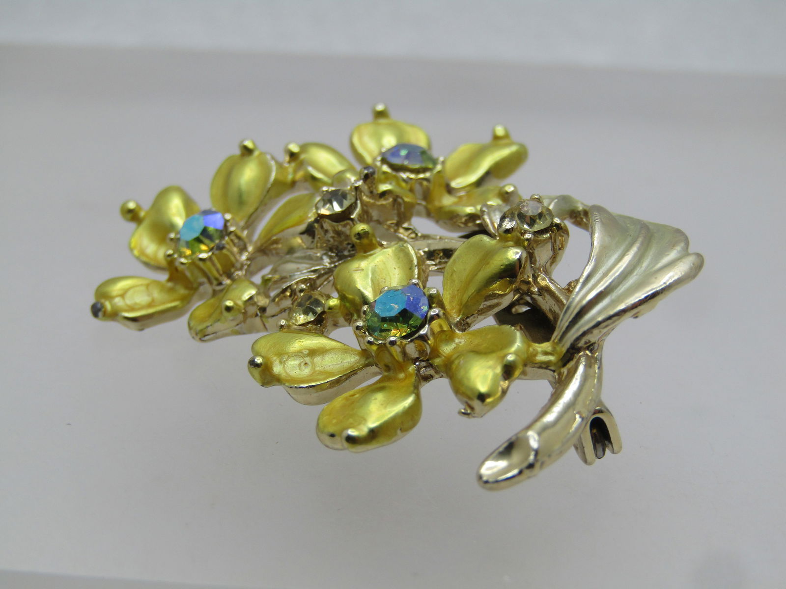 Vintage Yellow Floral & Rhinestone Brooch, A.B, 1960's-1970's - 5