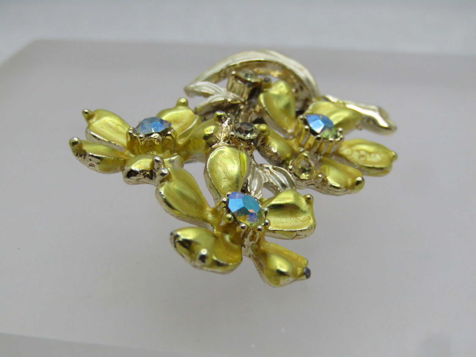 Vintage Yellow Floral & Rhinestone Brooch, A.B, 1960's-1970's - 6