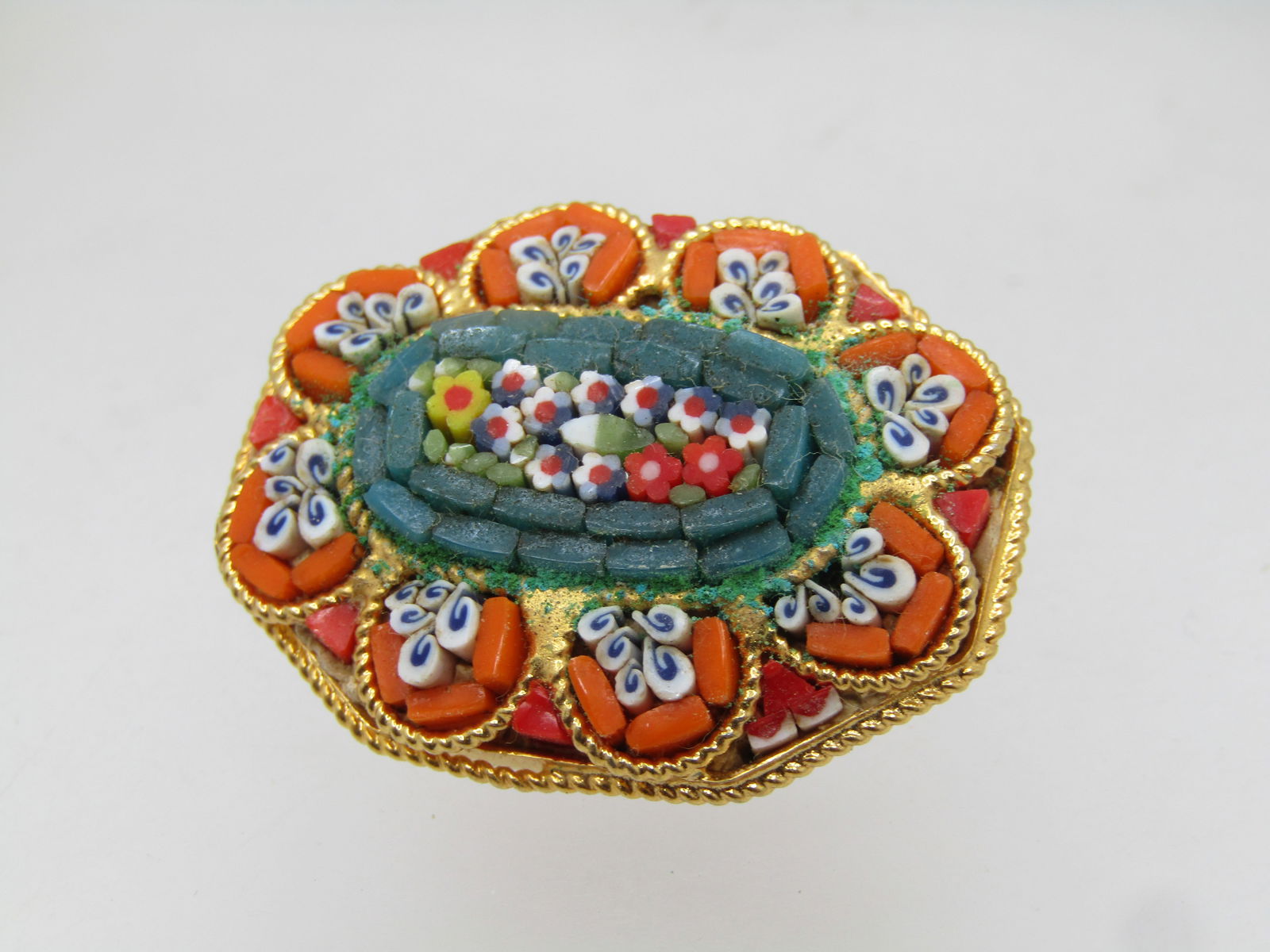 Vintage Micro Mosiac Orange Floral Brooch, Signed J ITALY, 1960's - 2