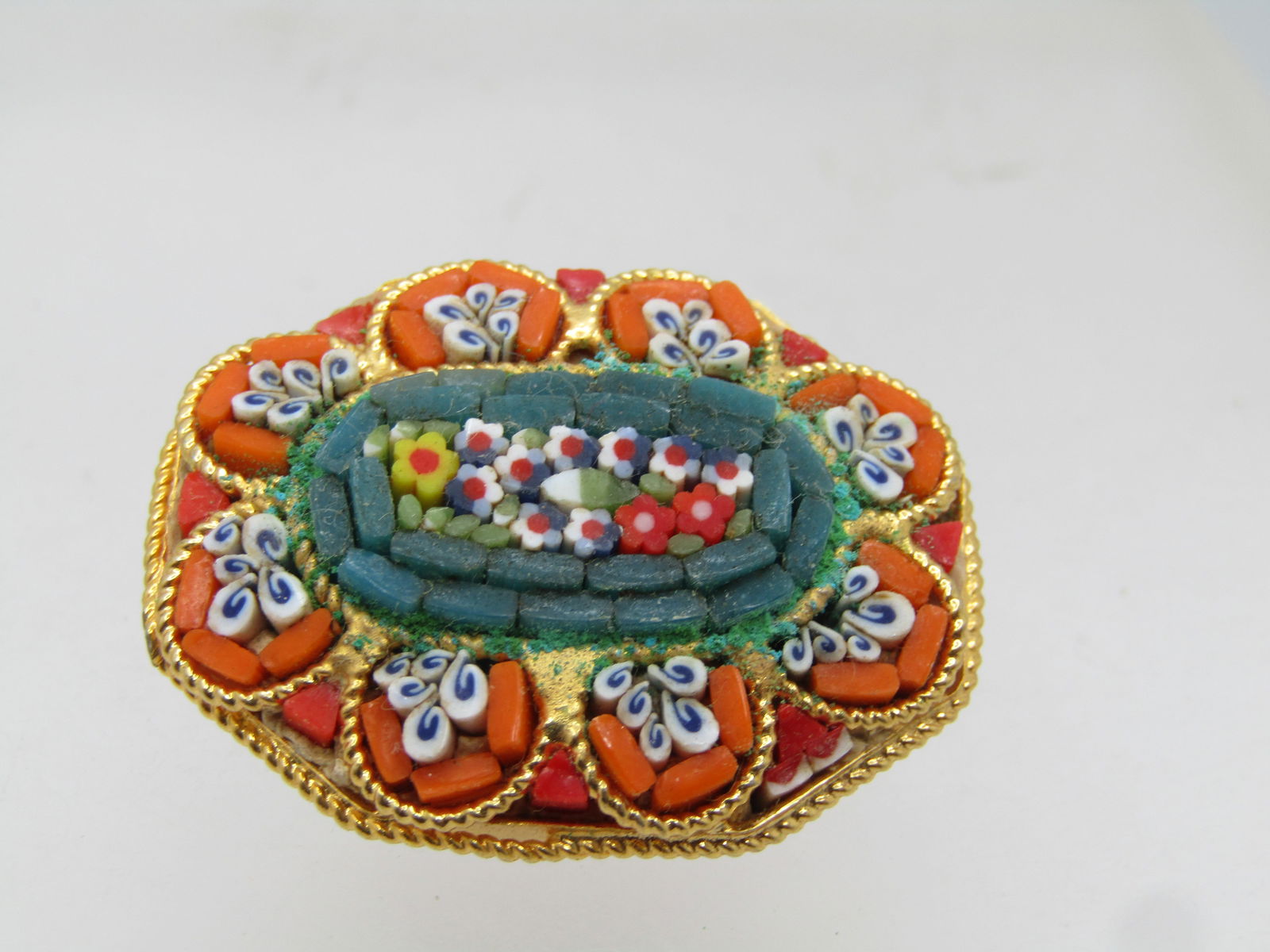 Vintage Micro Mosiac Orange Floral Brooch, Signed J ITALY, 1960's - 3