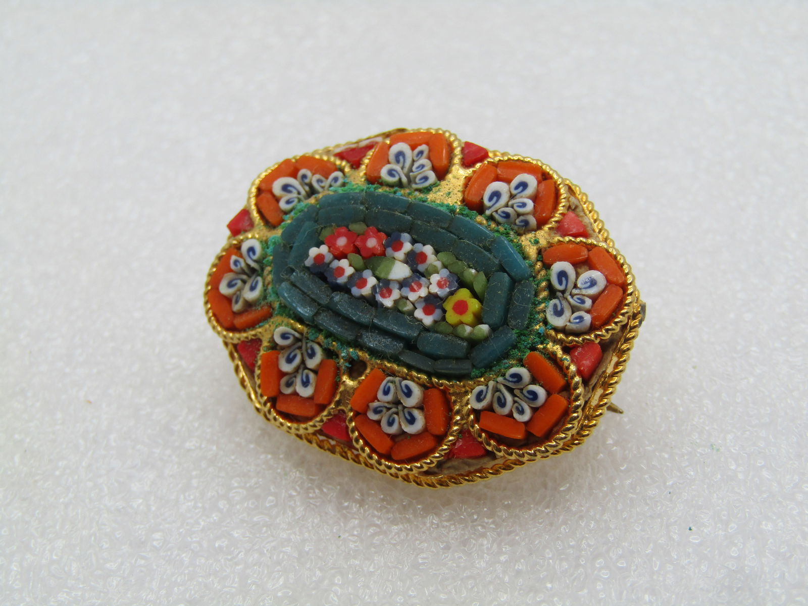 Vintage Micro Mosiac Orange Floral Brooch, Signed J ITALY, 1960's - 5