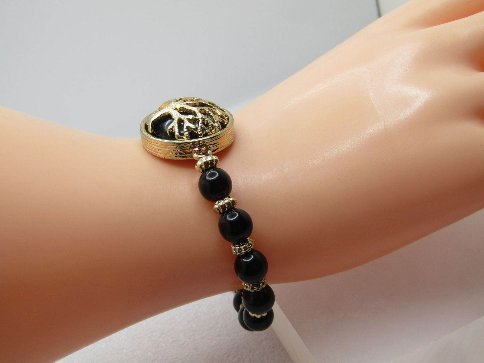 Vintage Black Beaded Tree Bracelet, Stretch, 5.5"-6", 1980's-1990's - 4