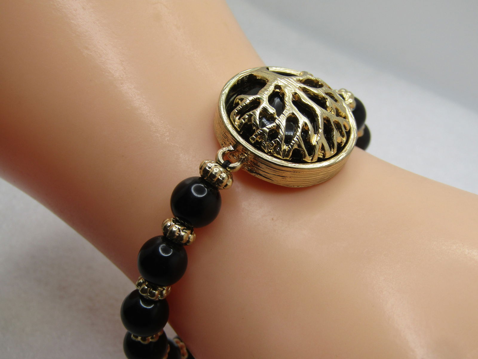 Vintage Black Beaded Tree Bracelet, Stretch, 5.5"-6", 1980's-1990's - 5