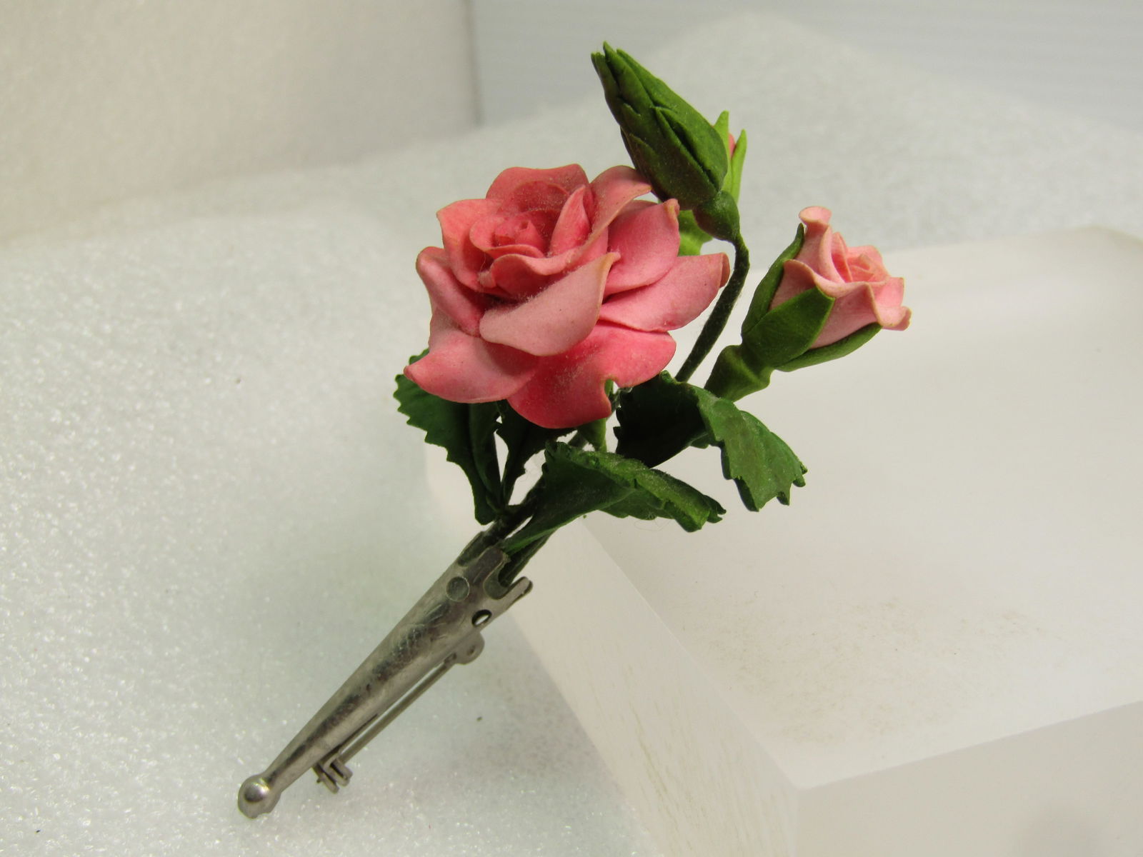 Vintage Pink Rose Bouquet, Silver Vase Brooch, 1960's-1970's - 2