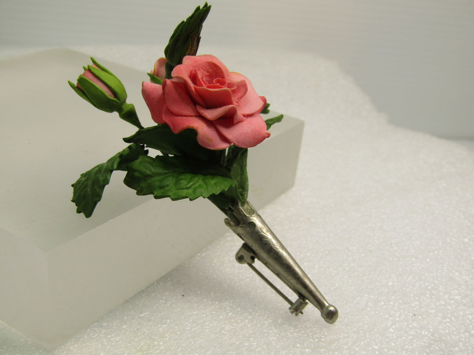 Vintage Pink Rose Bouquet, Silver Vase Brooch, 1960's-1970's - 3
