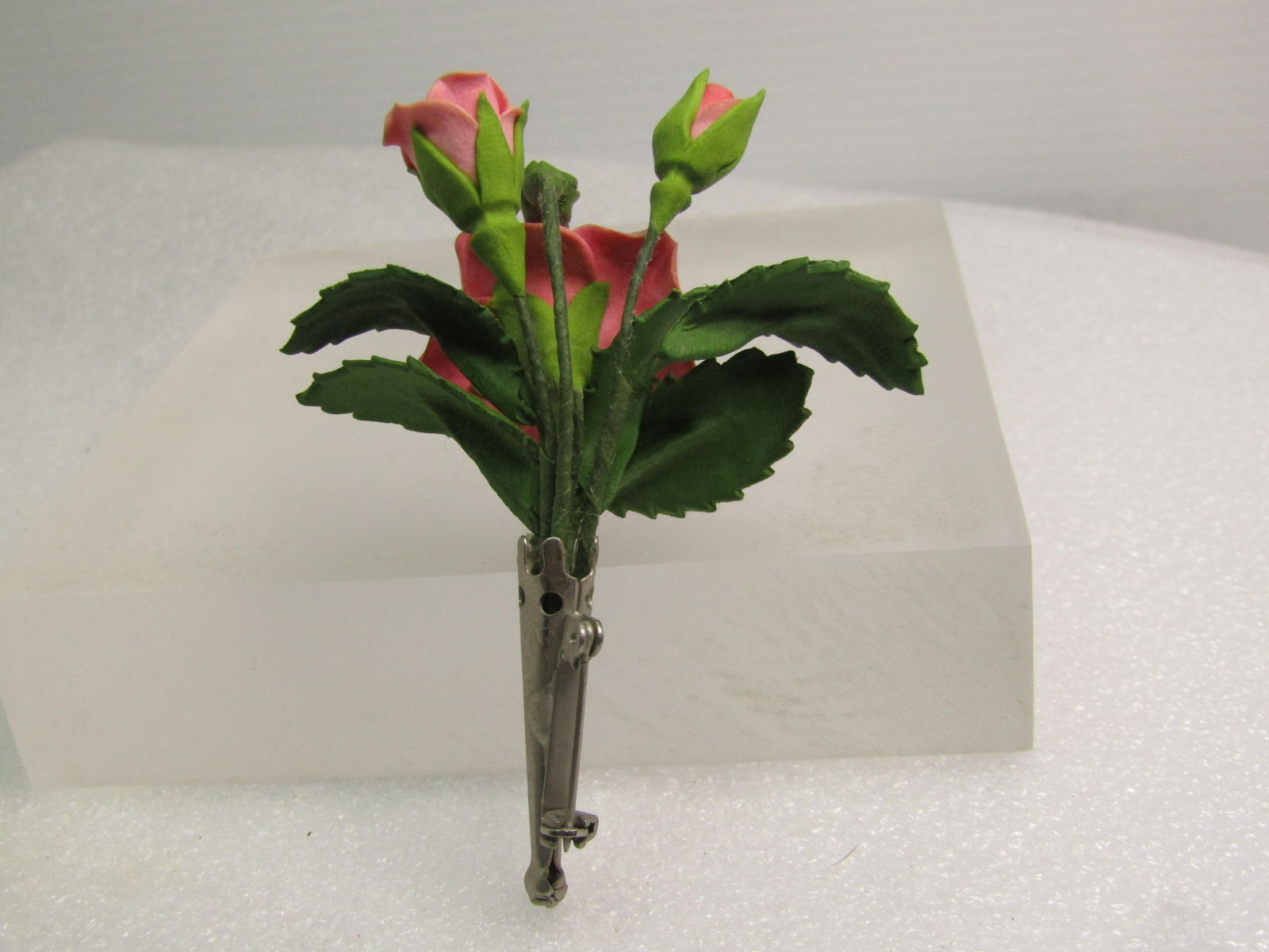 Vintage Pink Rose Bouquet, Silver Vase Brooch, 1960's-1970's - 4