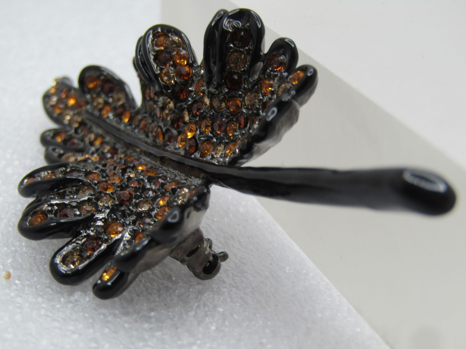 Vintage Black Enameled Rhinestone Leaf Brooch, Kenneth Lane, 1990's - 2