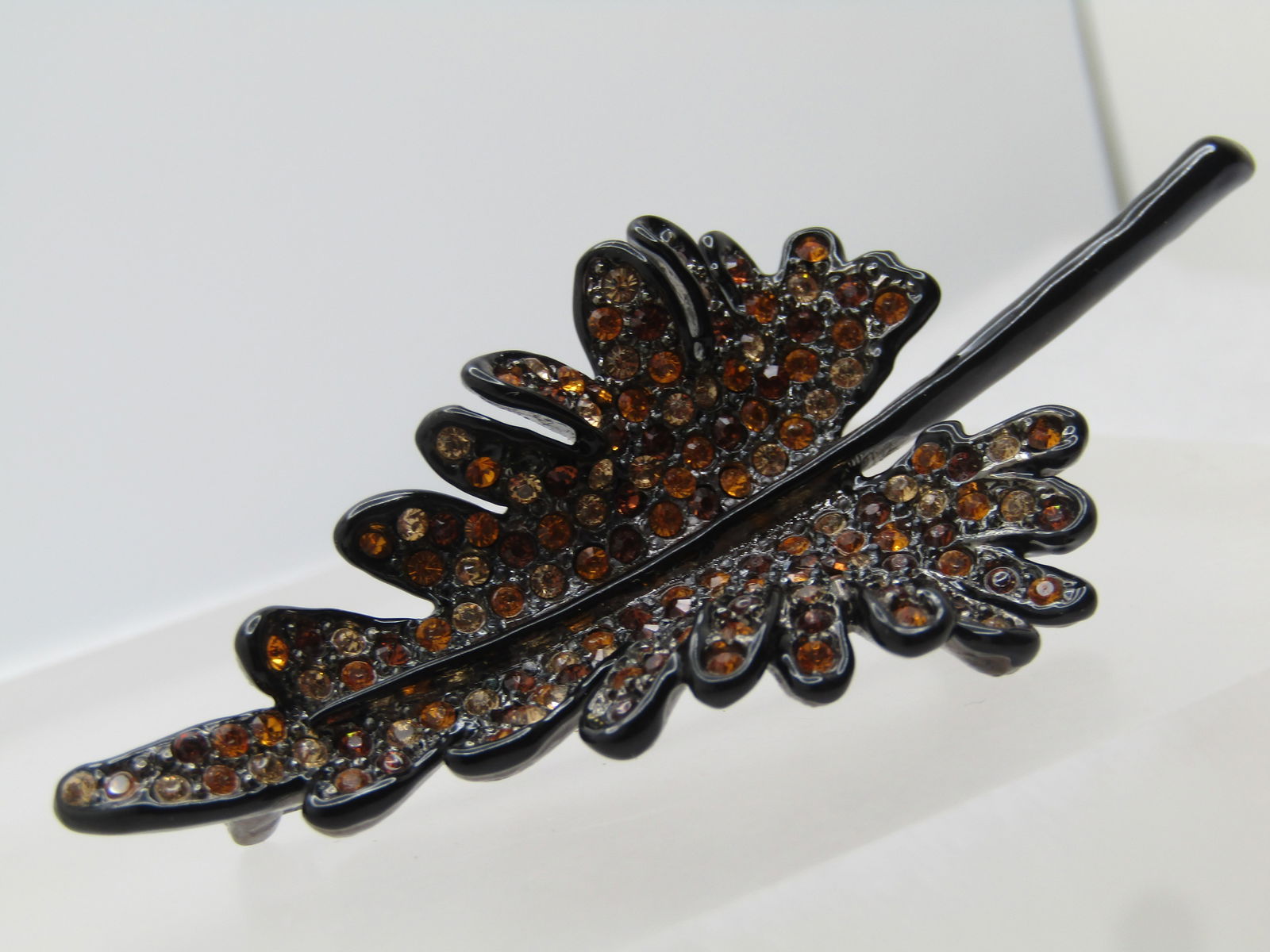 Vintage Black Enameled Rhinestone Leaf Brooch, Kenneth Lane, 1990's - 5