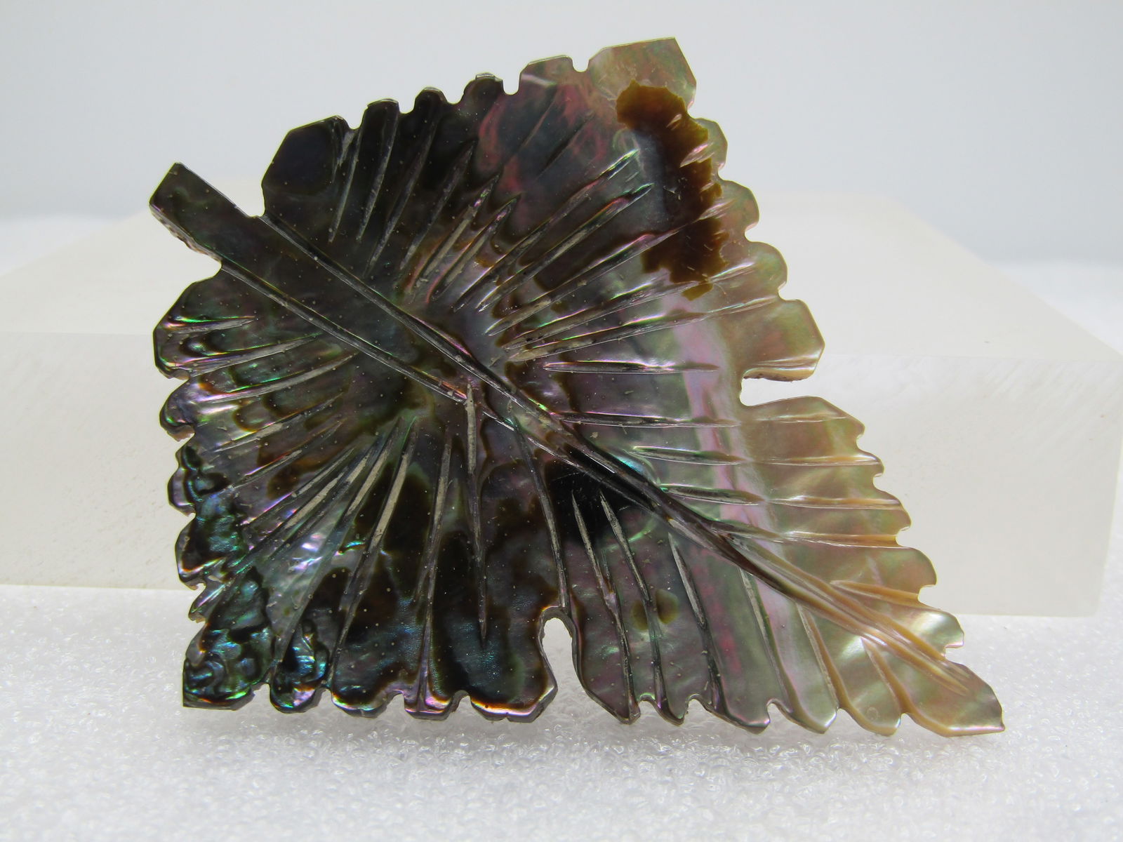 Vintage Carved Abalone Leaf Brooch, 1970's: Vintage Carved Abalone Leaf Brooch, 1970's. This is a larged carved leaf that is appx. 3" by 2.5". It is not entirely flat but has some curves and nice carved detail. It is not marked or signed. 
