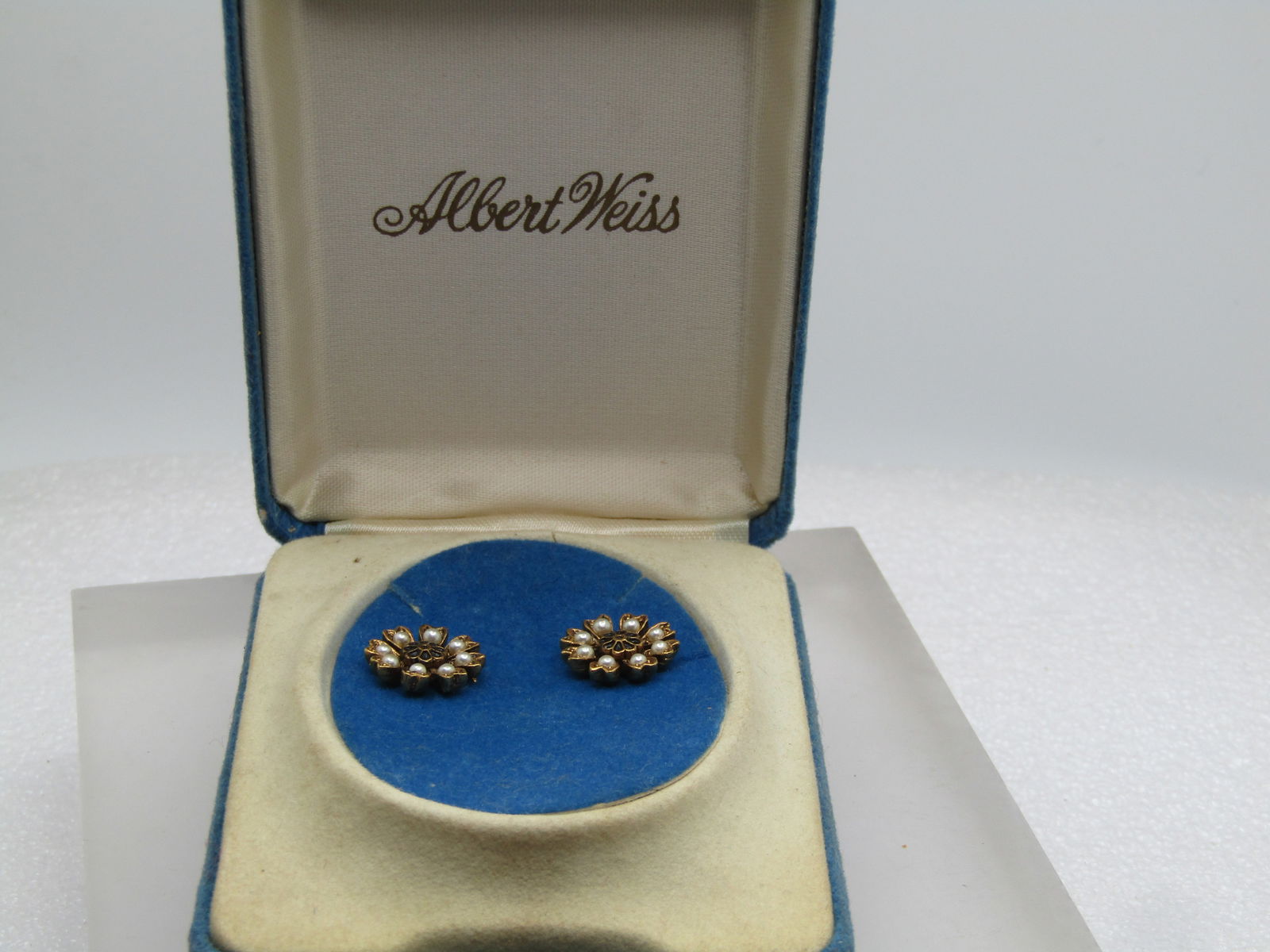 Vintage Faux Pearl Enameled Floral Earrings, in Albert Weiss Hinged Box, 1940's-1960's - 6