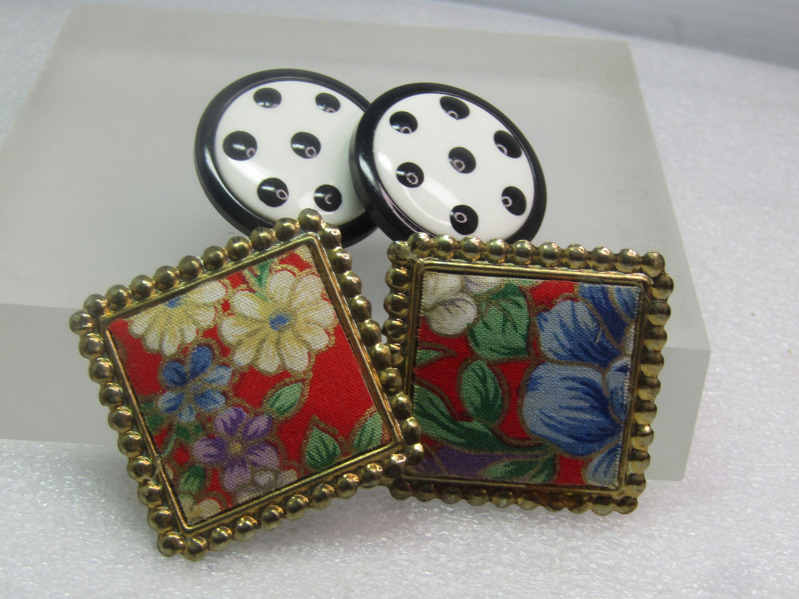 Vintage Two Pair of 1980's Earrings, Floral/Dotted, Pierced - 3