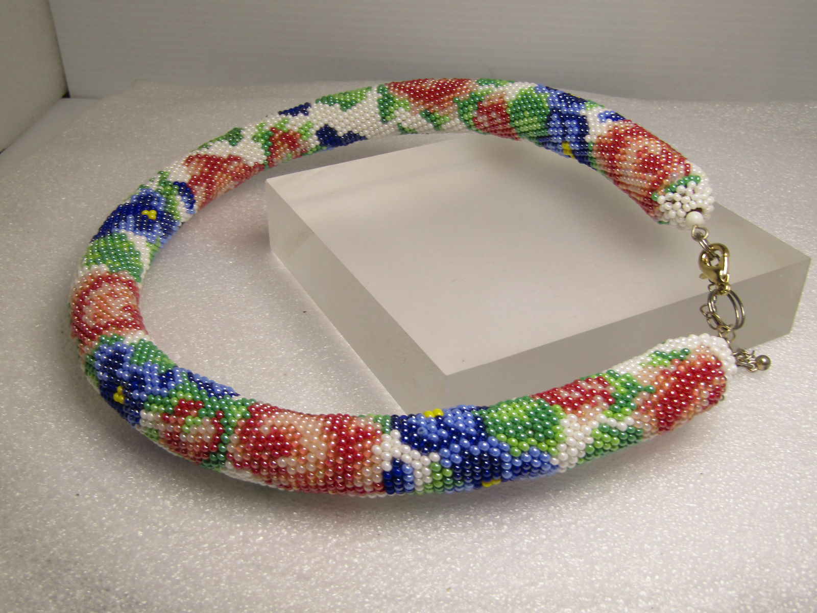 Floral Seed Beaded Tubular Hand Beaded Necklace, 19"-23", 1980's-1990's - 4