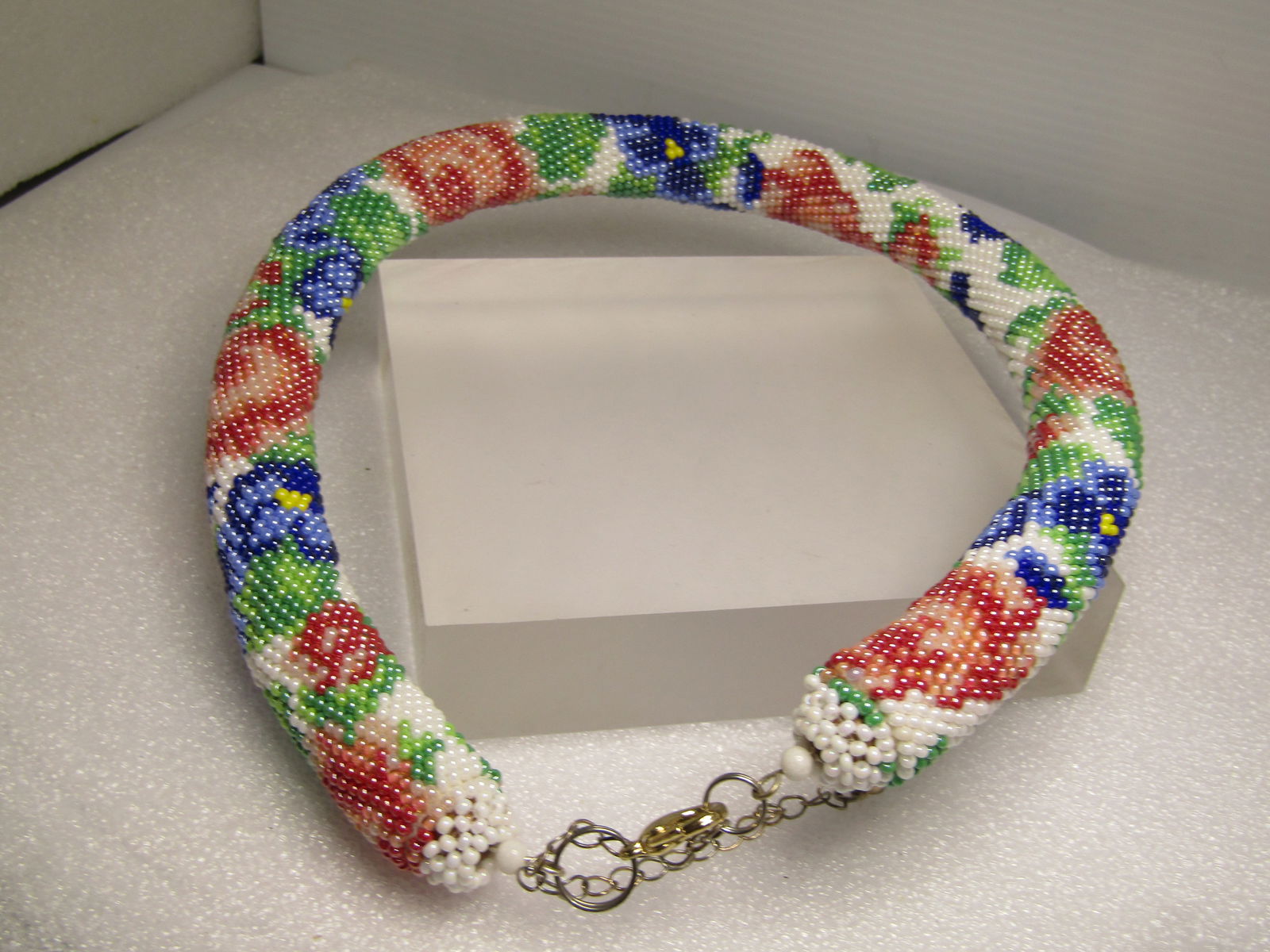 Floral Seed Beaded Tubular Hand Beaded Necklace, 19"-23", 1980's-1990's - 5