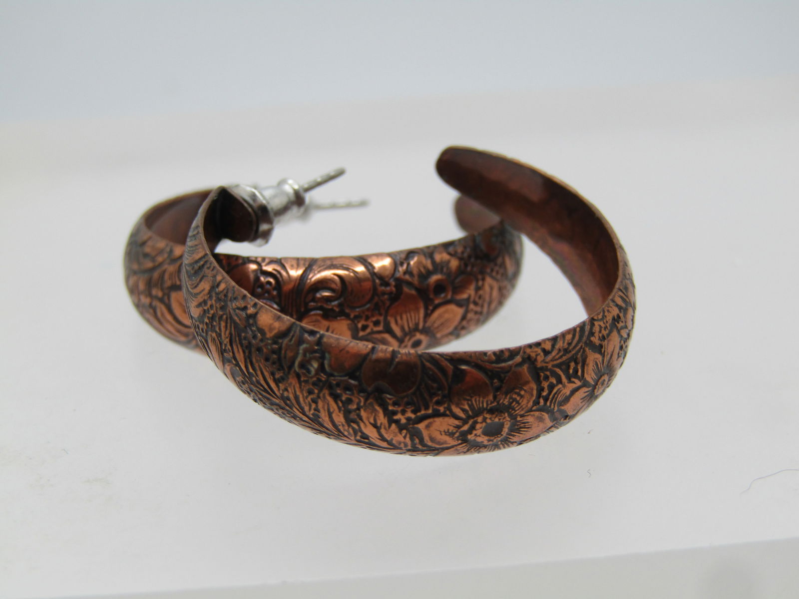 Vintage Copper Floral Hoop Earrings, Pierced, 1960's-1970's - 3