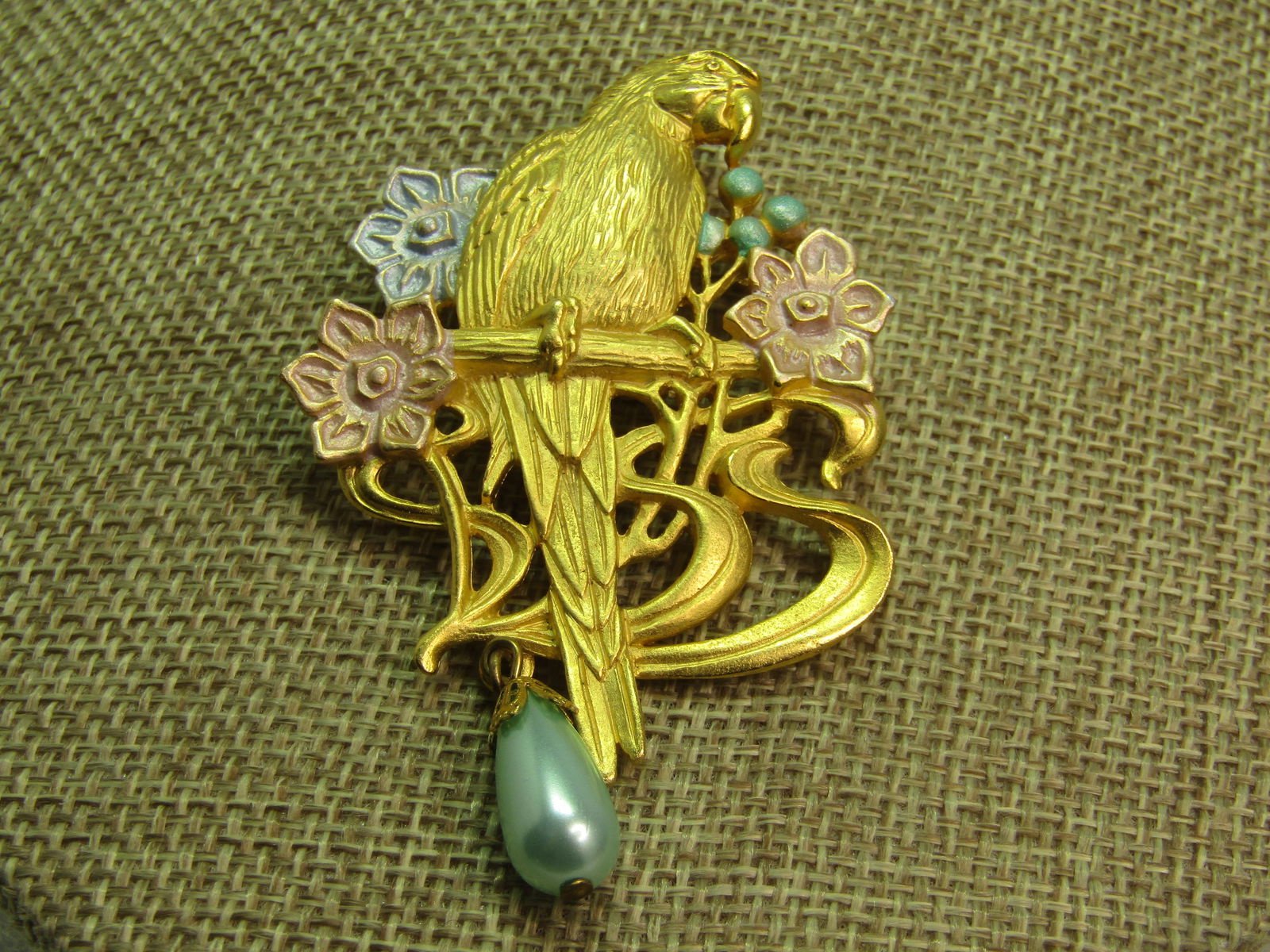 Vintage Parrot Pastel Floral Brooch, Faux Pearl Drop, Signed JJ, 1980's - 2