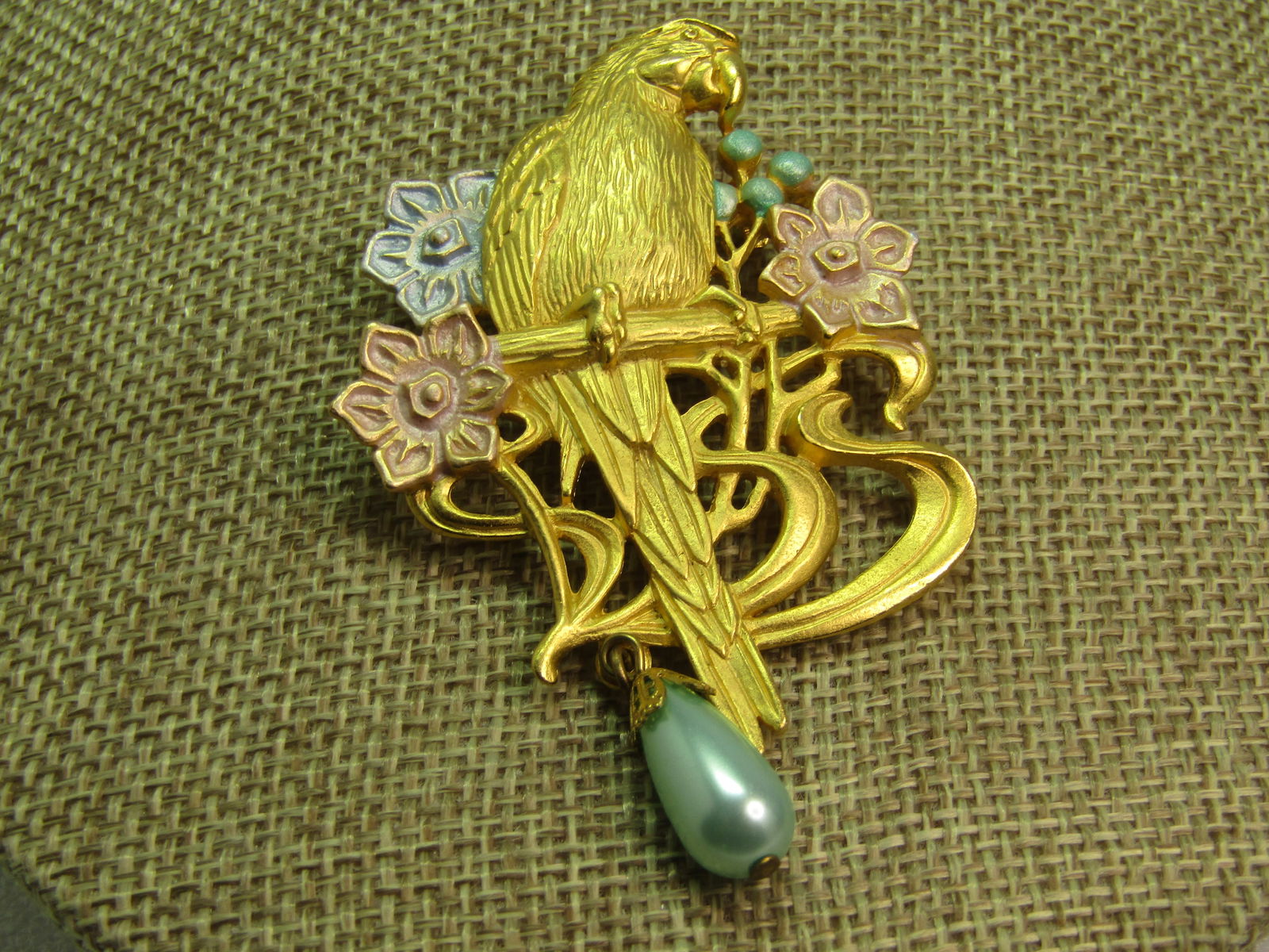Vintage Parrot Pastel Floral Brooch, Faux Pearl Drop, Signed JJ, 1980's - 3