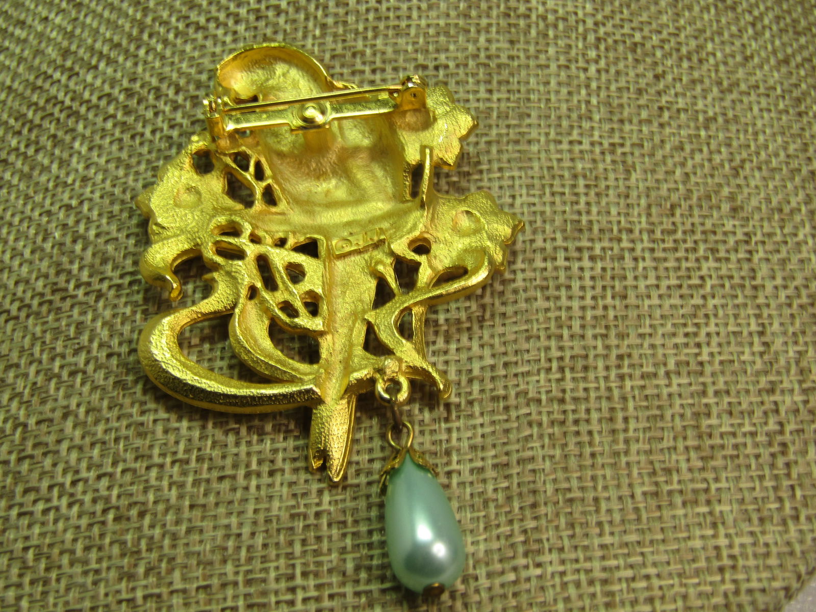 Vintage Parrot Pastel Floral Brooch, Faux Pearl Drop, Signed JJ, 1980's - 4