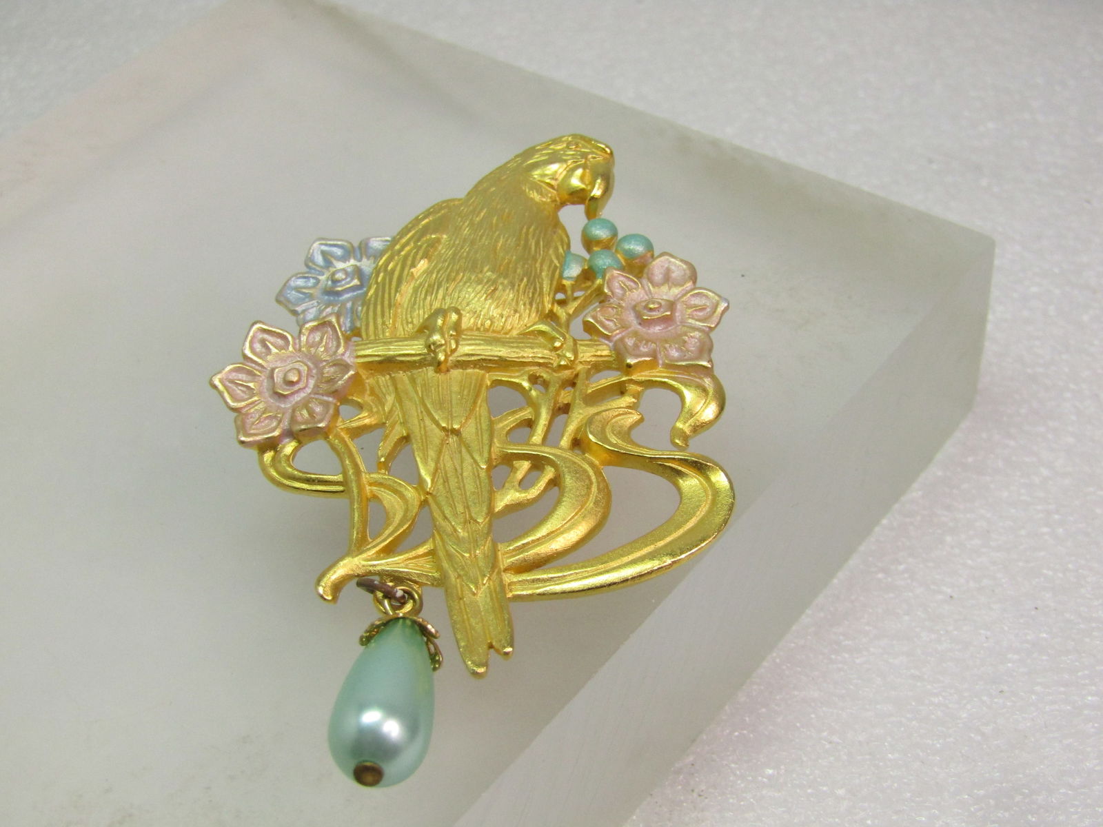 Vintage Parrot Pastel Floral Brooch, Faux Pearl Drop, Signed JJ, 1980's - 5