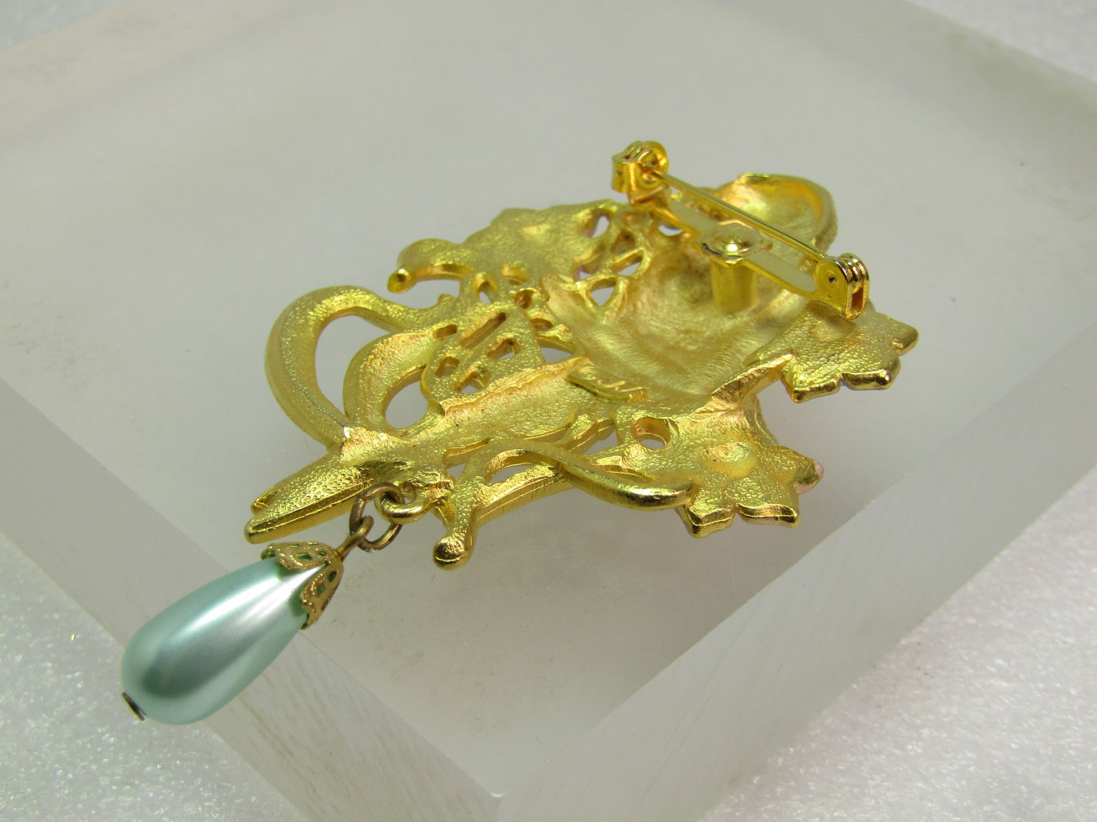 Vintage Parrot Pastel Floral Brooch, Faux Pearl Drop, Signed JJ, 1980's - 6