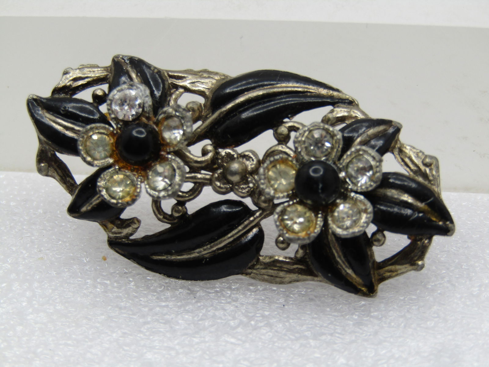 Vintage Enameled & Rhinestone Floral Brooch, C-clasp, 1930's - 2