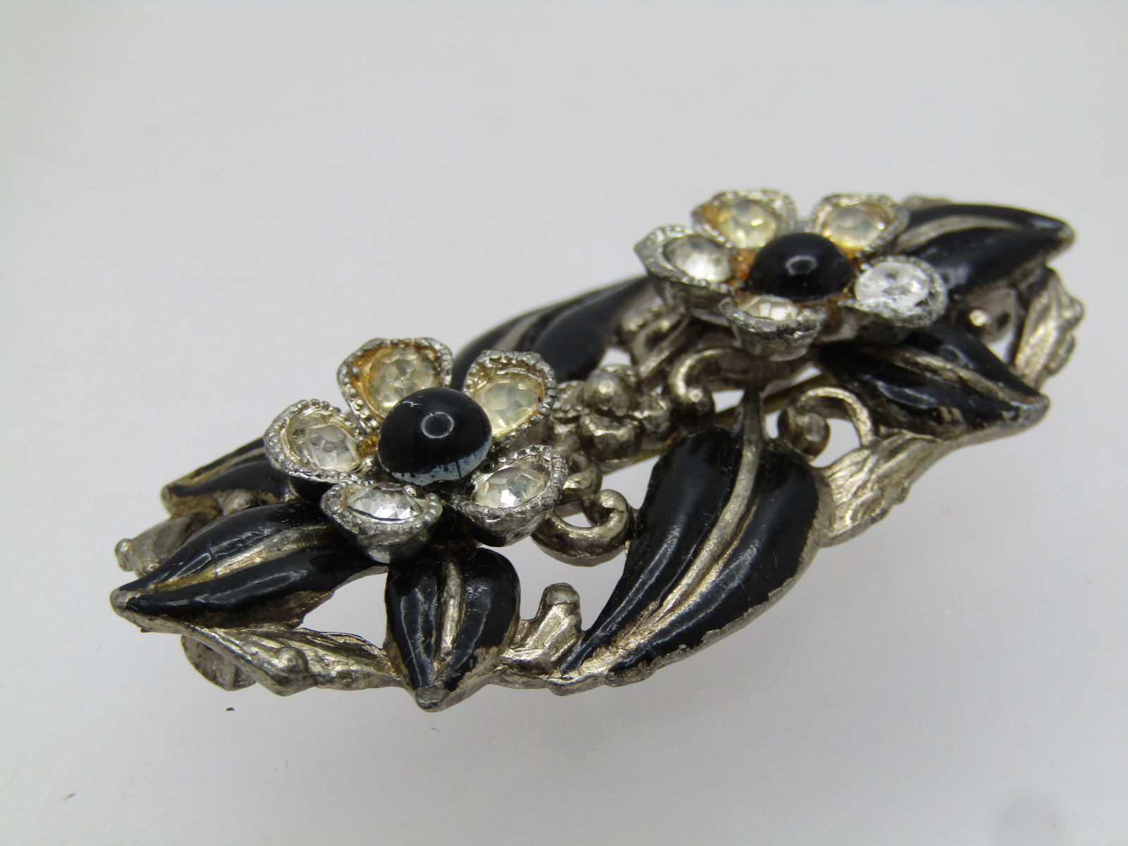 Vintage Enameled & Rhinestone Floral Brooch, C-clasp, 1930's - 3