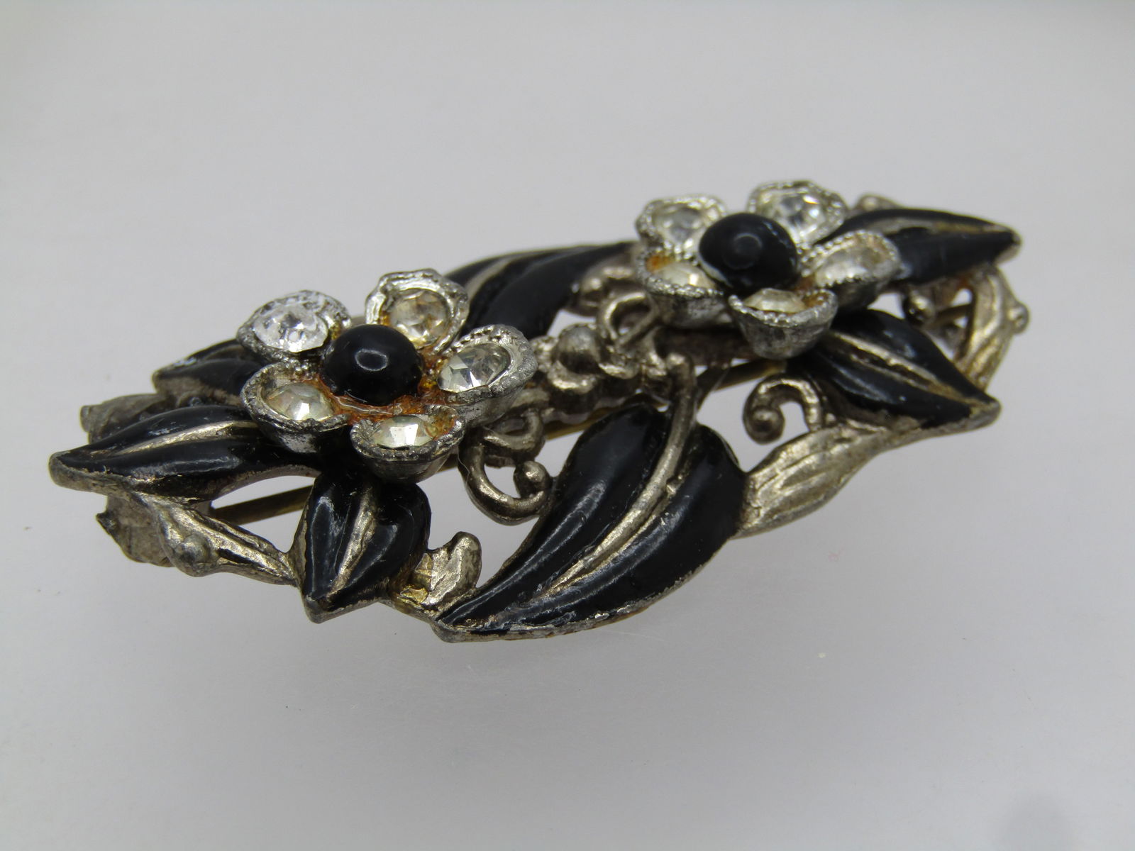 Vintage Enameled & Rhinestone Floral Brooch, C-clasp, 1930's - 4