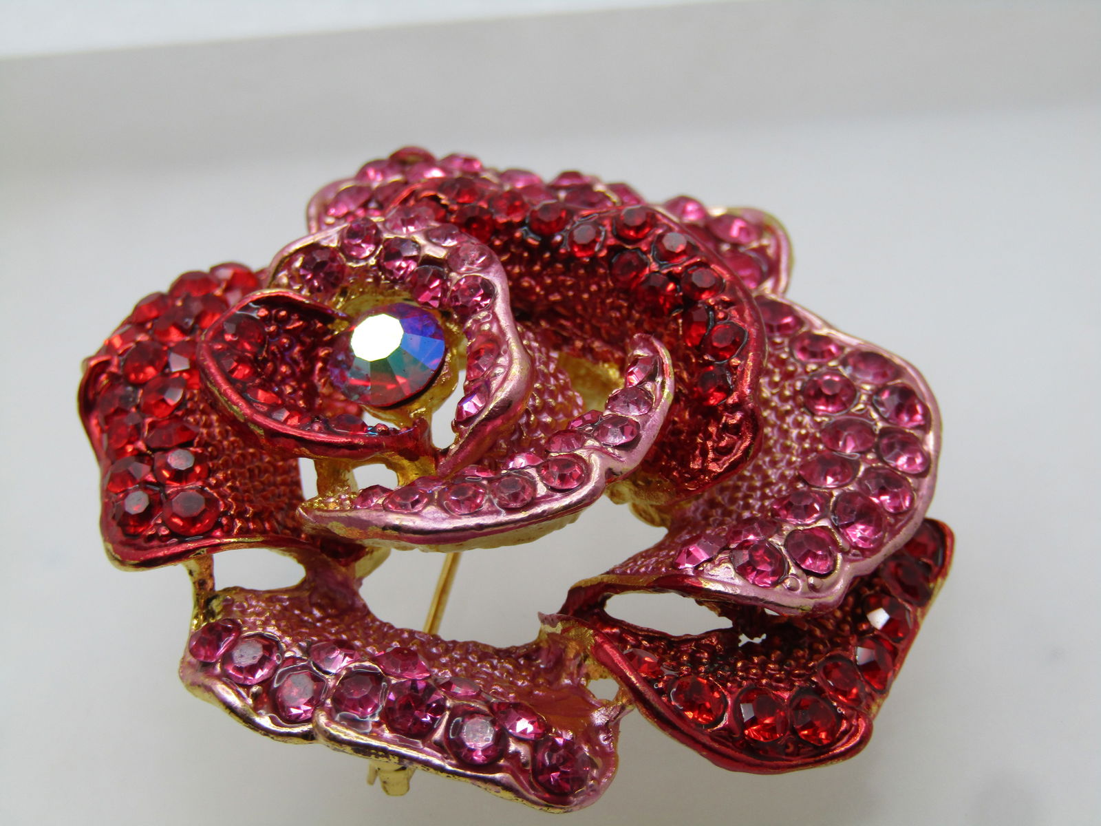 Pink & Red Rhinestone Rose Blossom Brooch, 1990's-2000's - 2