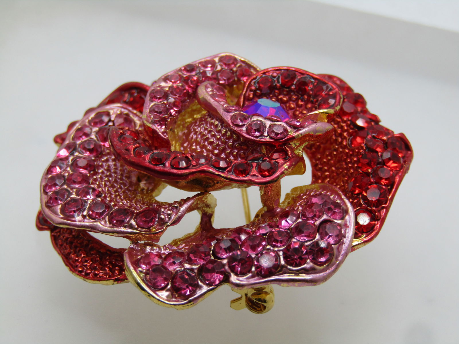 Pink & Red Rhinestone Rose Blossom Brooch, 1990's-2000's - 3