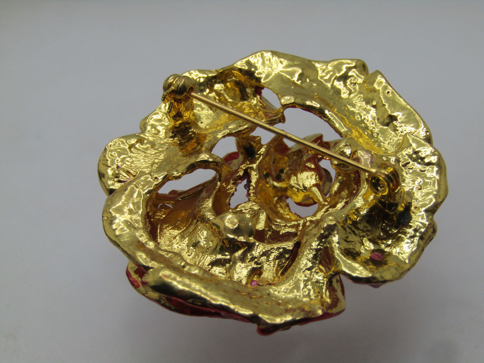 Pink & Red Rhinestone Rose Blossom Brooch, 1990's-2000's - 4