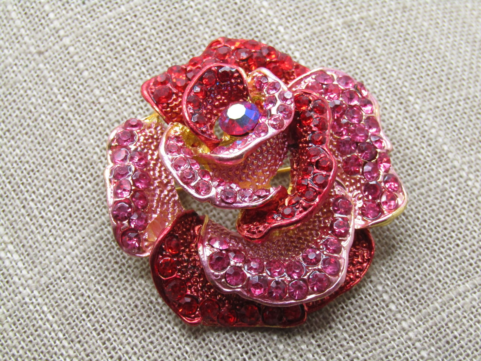 Pink & Red Rhinestone Rose Blossom Brooch, 1990's-2000's - 5