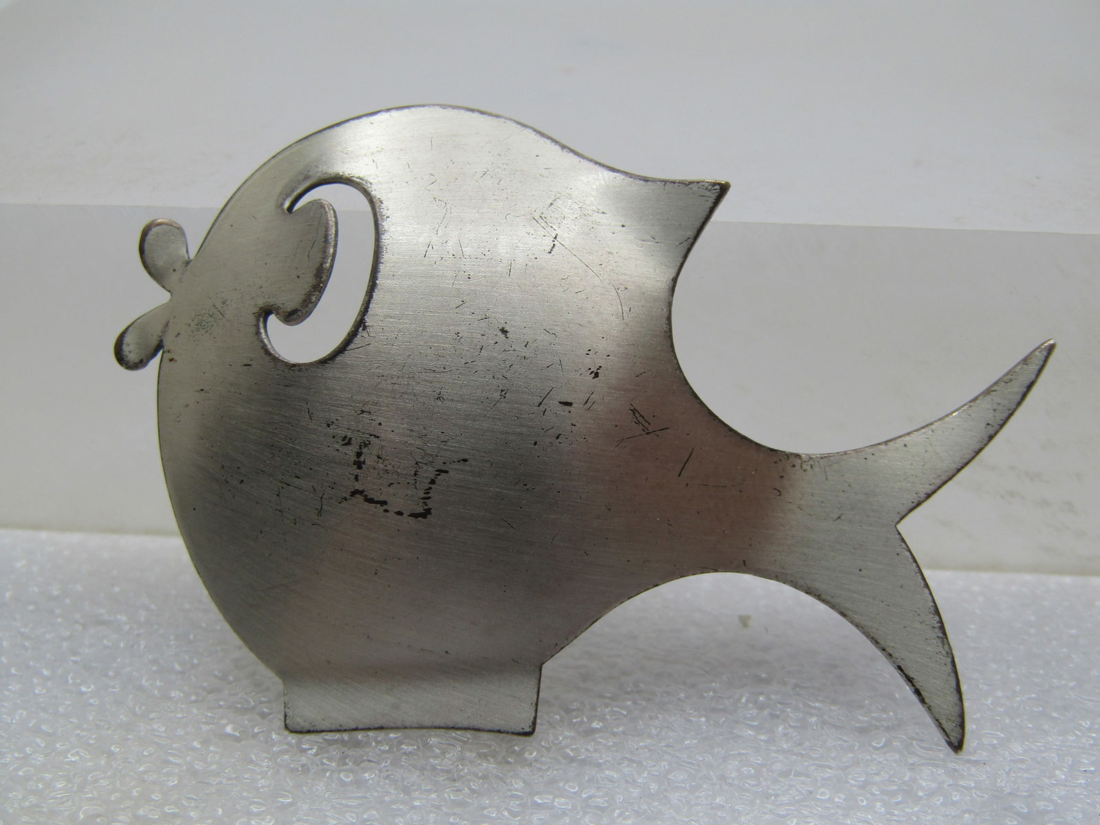 Vintage Sterling Modern Fish/Whale Brooch, Beaucraft, 1960's-1970's: Vintage Sterling Modern Fish/Whale Brooch, Beaucraft, 1960's-1970's. This has a brushed finish with cut out cresent eye and lips extended - done in a mod style. It is domed at the body. The brooch