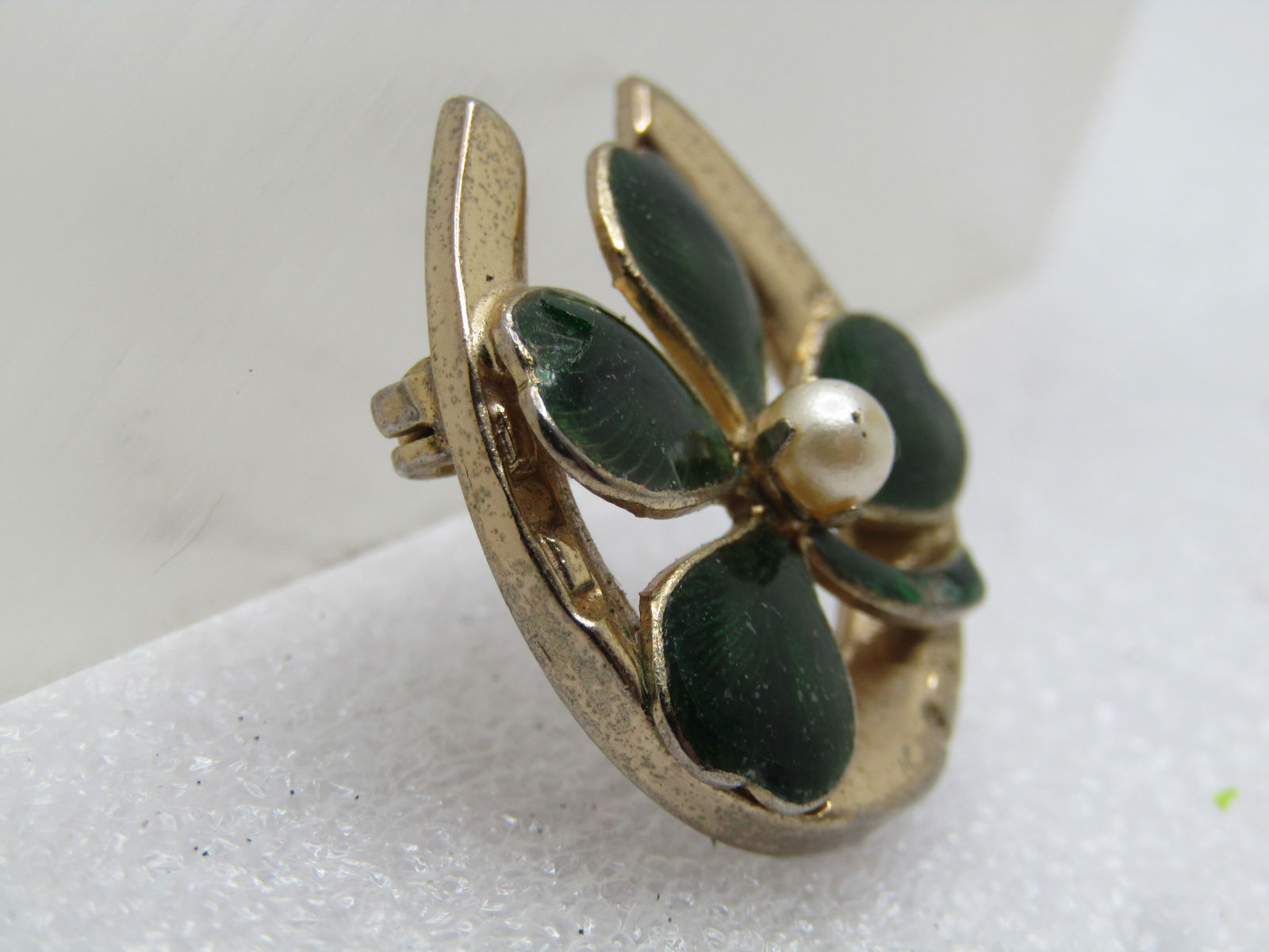 Vintage Enameled Four Leaf Clover & Horseshoe Brooch, 1950's-1960's - 3