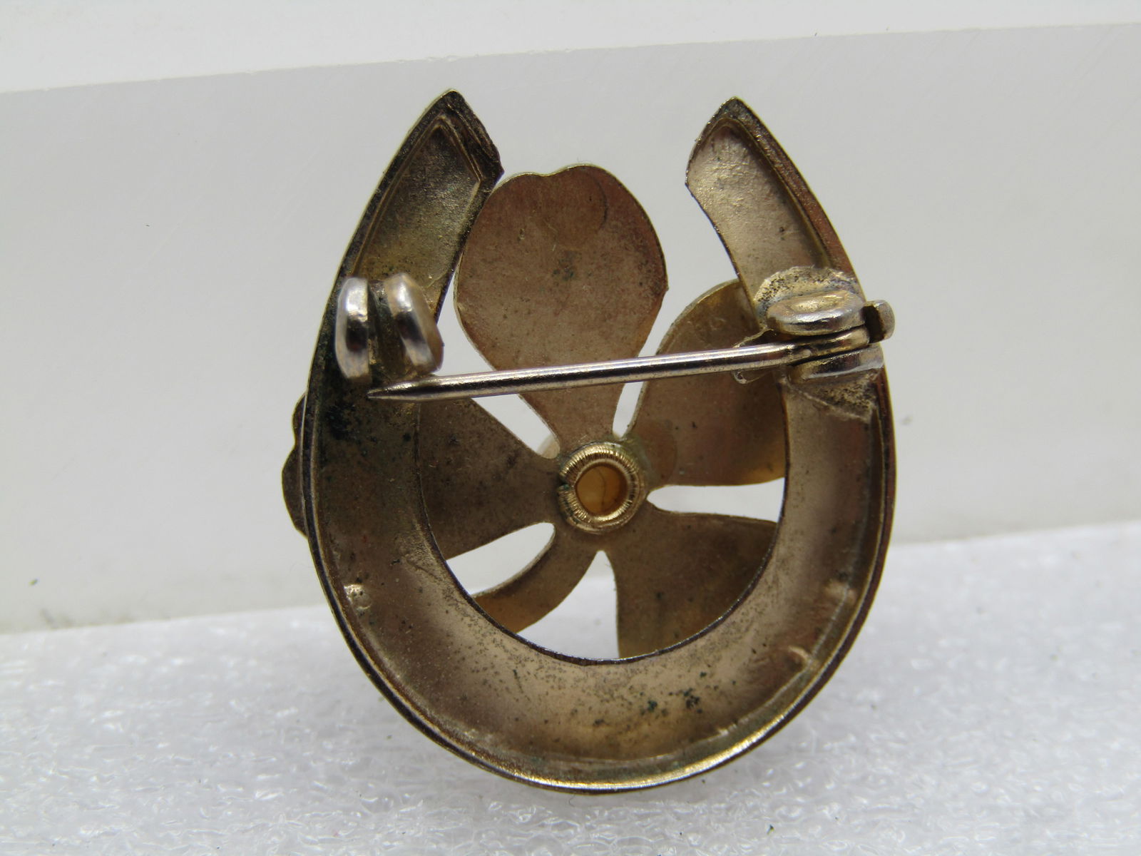 Vintage Enameled Four Leaf Clover & Horseshoe Brooch, 1950's-1960's - 4