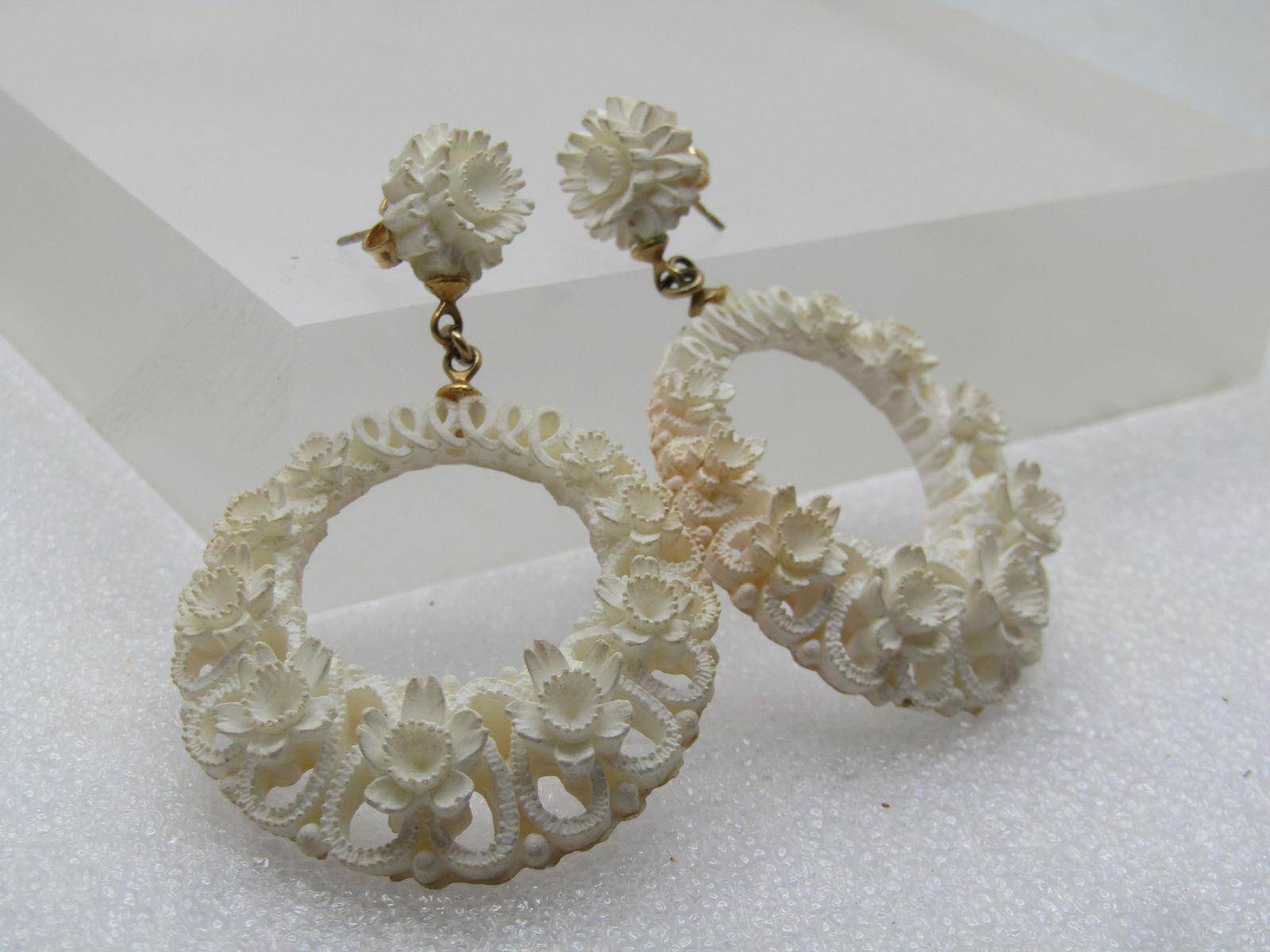 Vintage White Floral Earrings, Stud & Hoop, 1960's-1970's, Pierced - 2