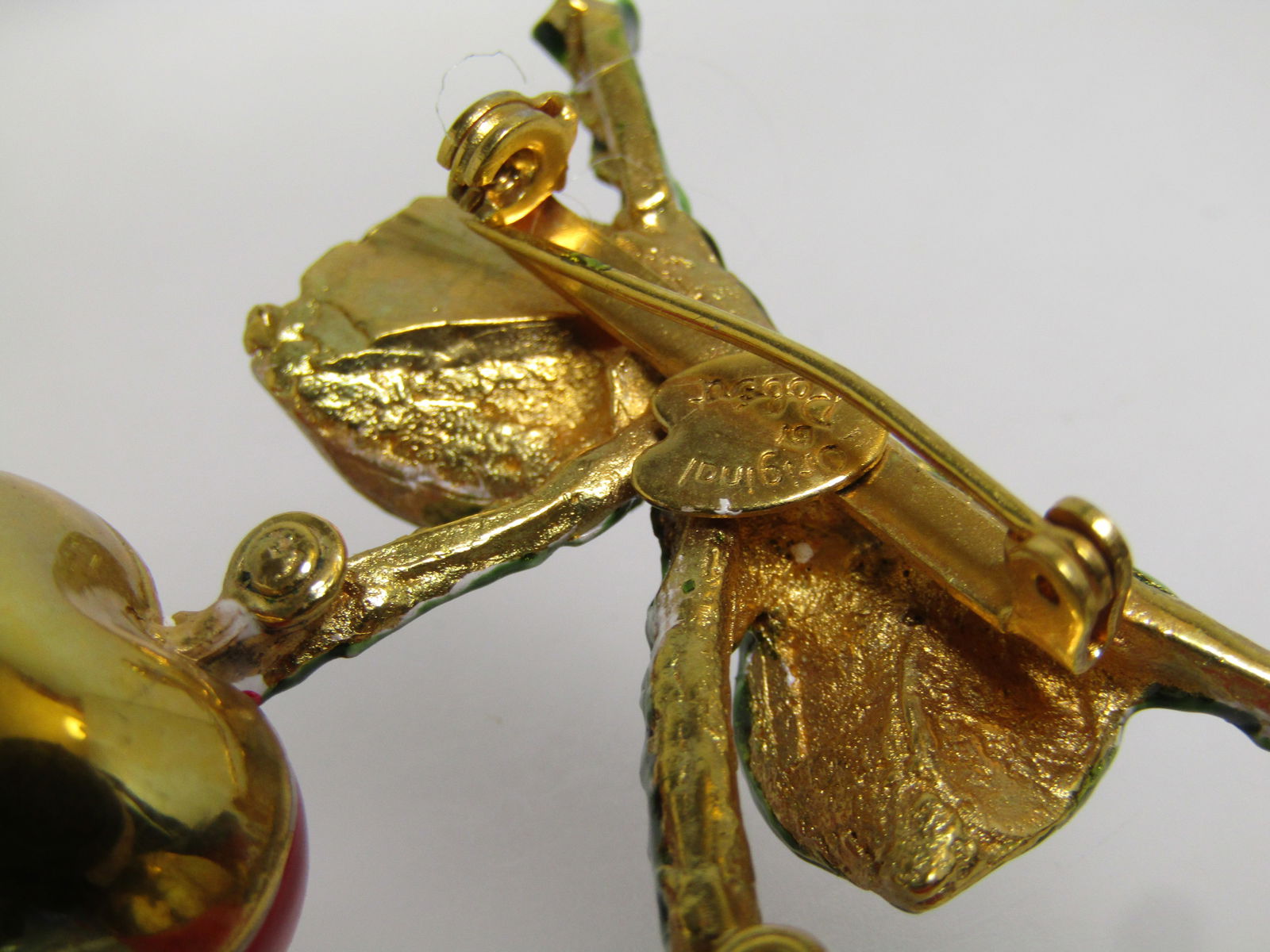 Vintage Enameled Cherry Brooch, with Faux Pearl, , 1960's Signed Original by Robert . - 5