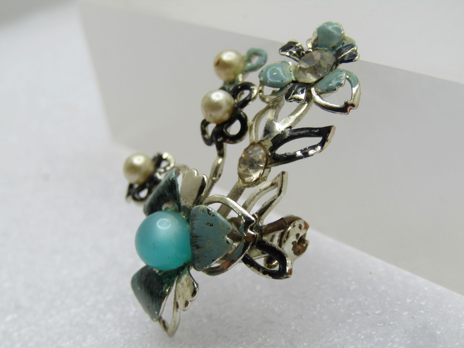 Vintage Faux Pearl, Green Moonglow Floral Brooch, 1950's-1960's - 2