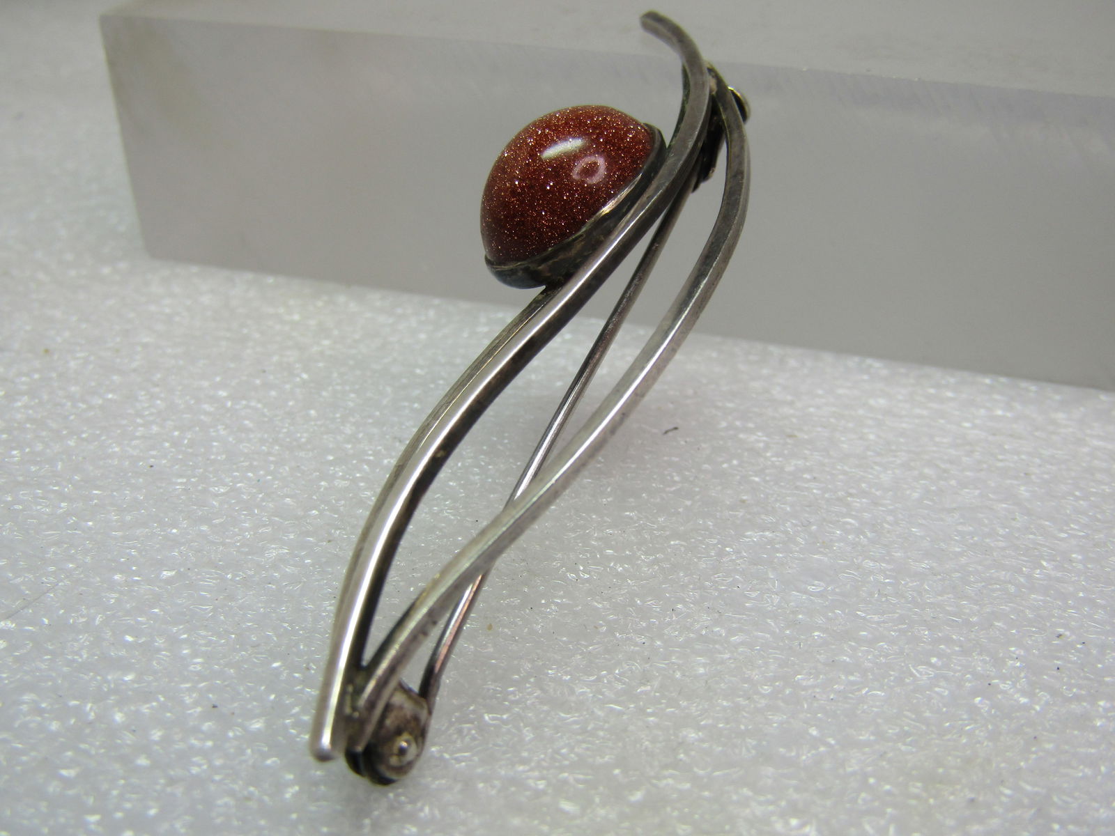 Vintage Gold Stone Leaf Brooch, Modernist, Granit & Co, Finland, 1960's, Trombone Clasp. - 2