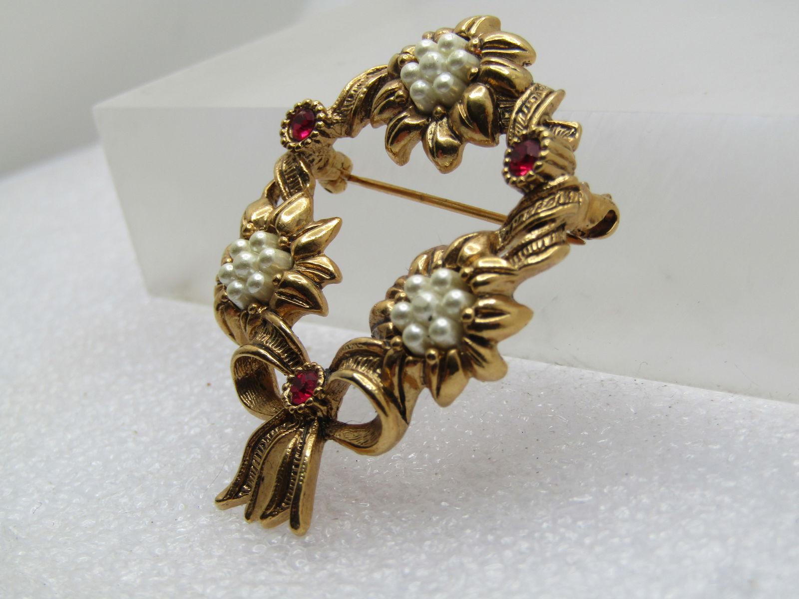 Vintage Faux Pearl Rhinestone Floral Circle Brooch with Bow, Avon, 1970's-1980's - 2