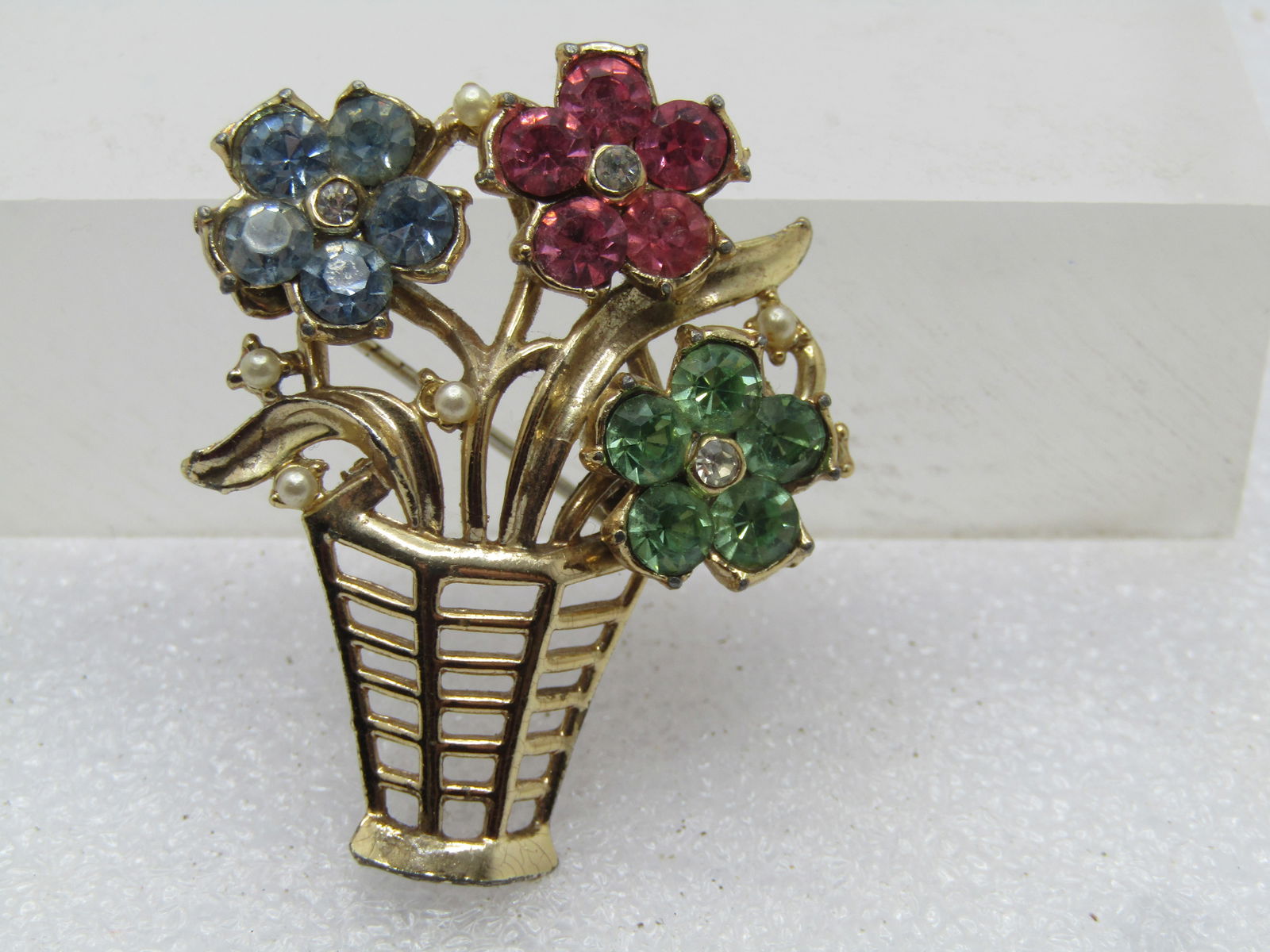 Vintage Rhinestone Floral Basket Brooch, 1950's-1960's - 3