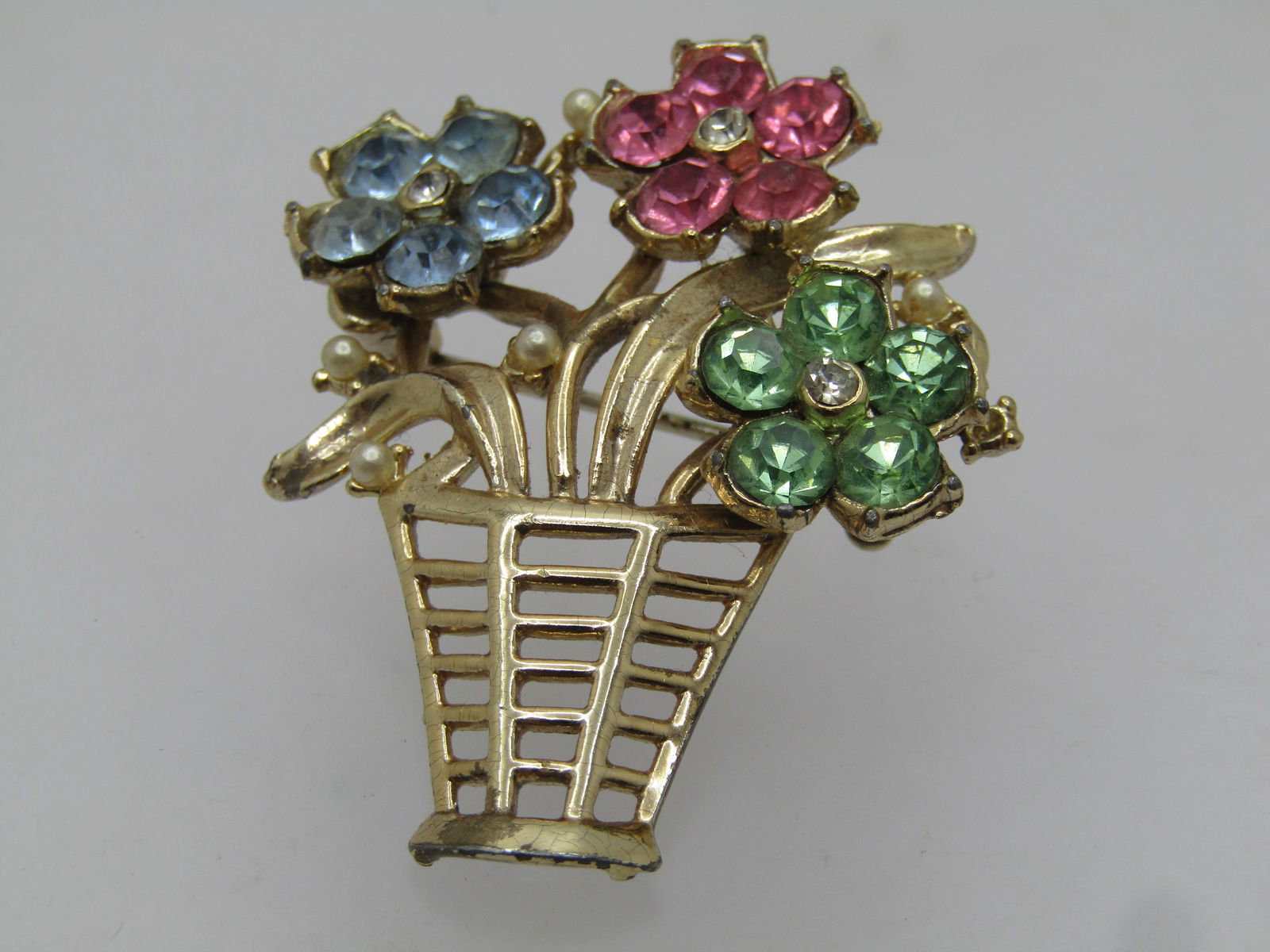 Vintage Rhinestone Floral Basket Brooch, 1950's-1960's - 6
