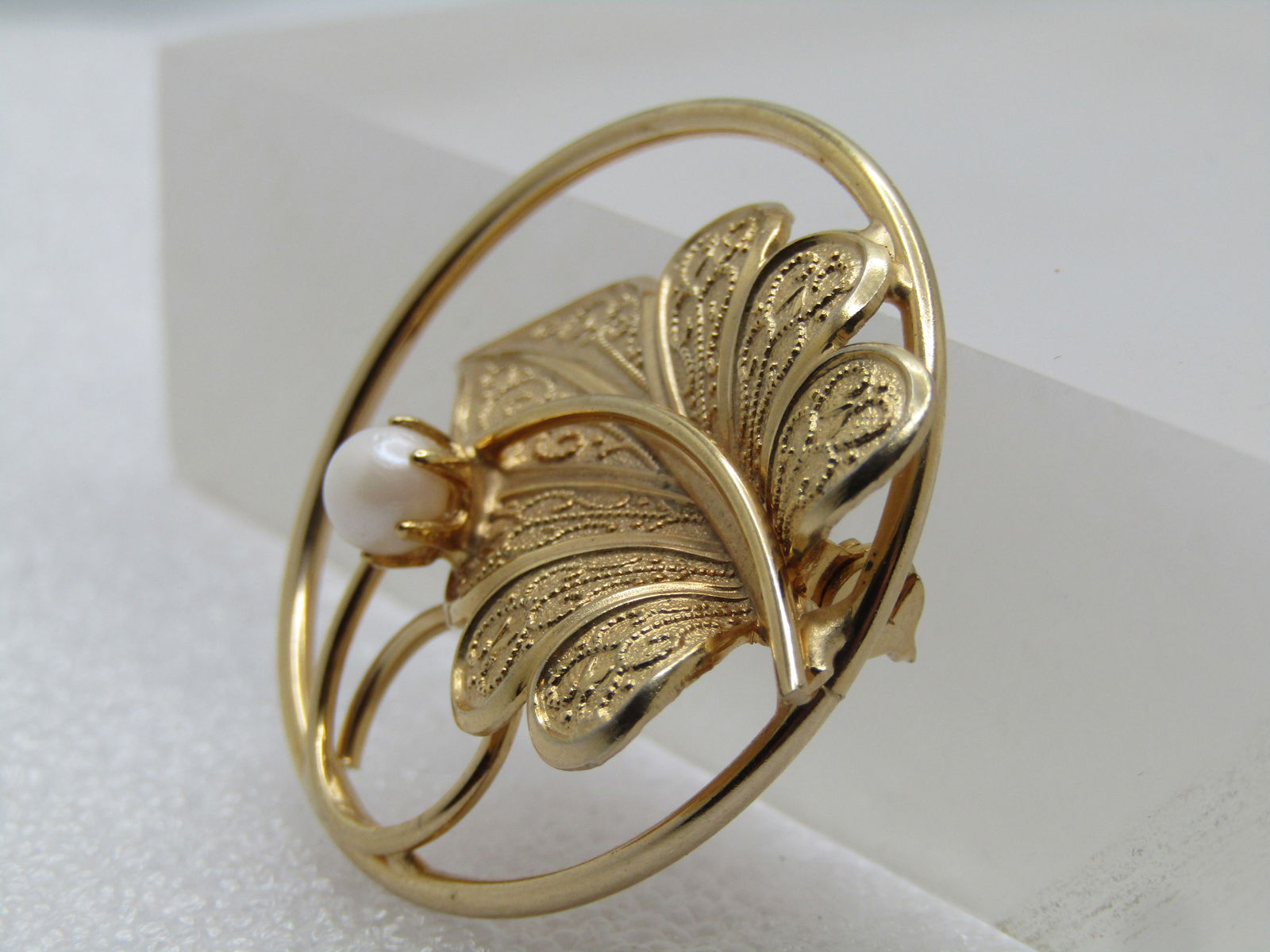 Vintage Faux Pearl & Leaf Brooch, Cirl with Coil, 1960's-1970's - 2