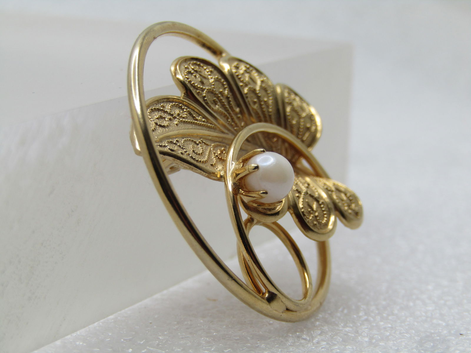 Vintage Faux Pearl & Leaf Brooch, Cirl with Coil, 1960's-1970's - 3