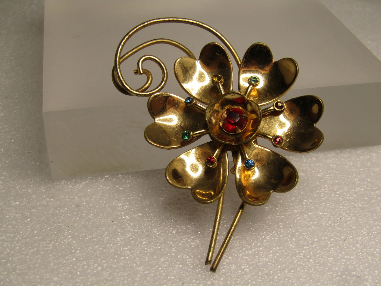 Vintage Rhinestone Floral Brooch, 10kt Plated or Filled, 1940's-1950's. - 2